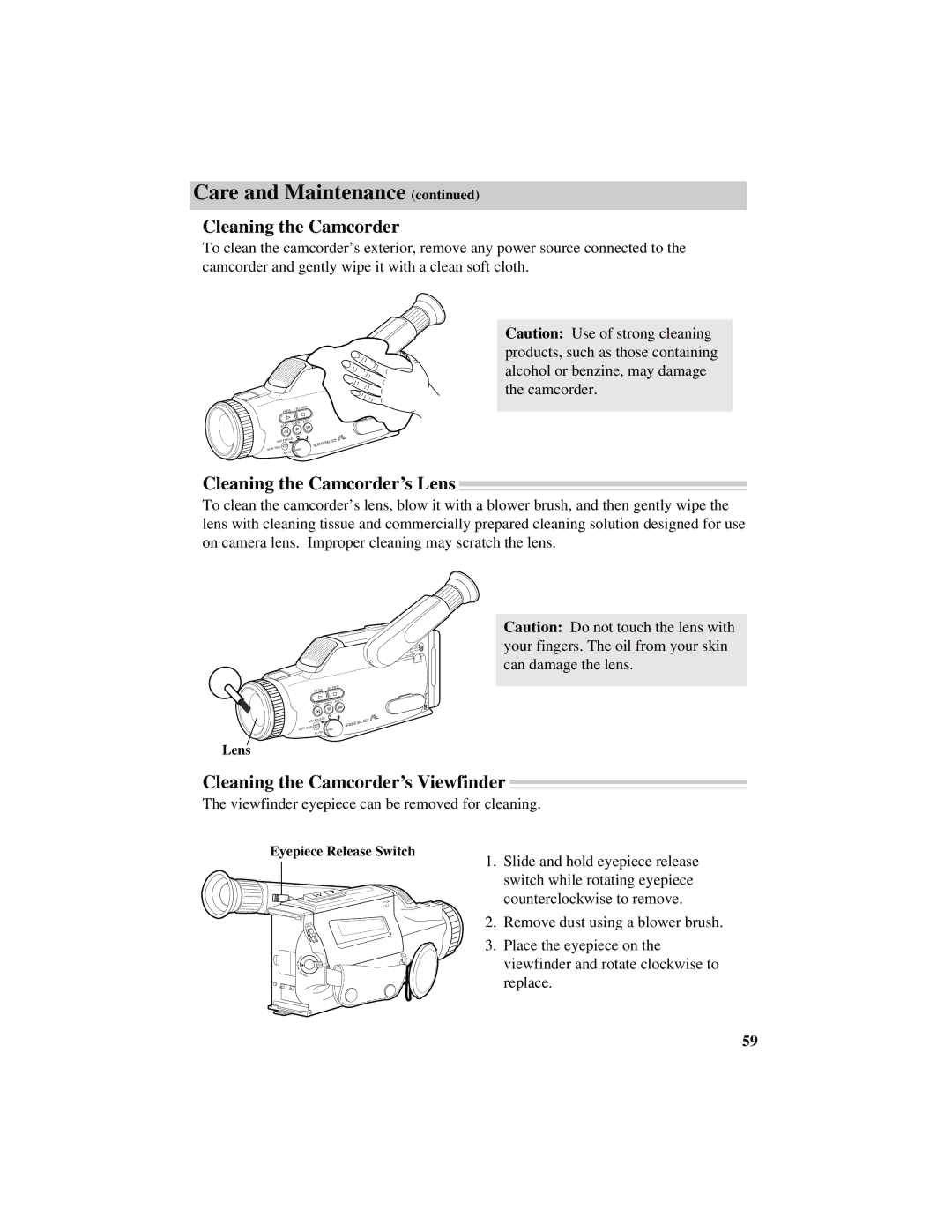 RCA Pro809 specifications Cleaning the Camcorder’s Lens, Cleaning the Camcorder’s Viewfinder 