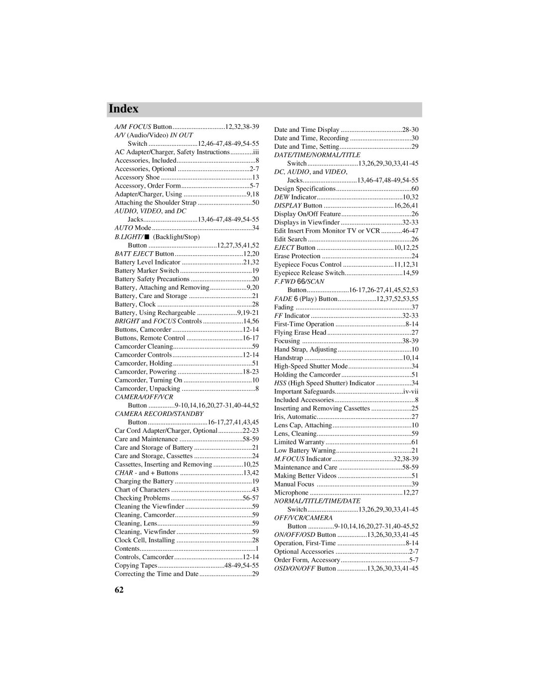 RCA Pro809 specifications Index, 12,46-47,48-49,54-55 