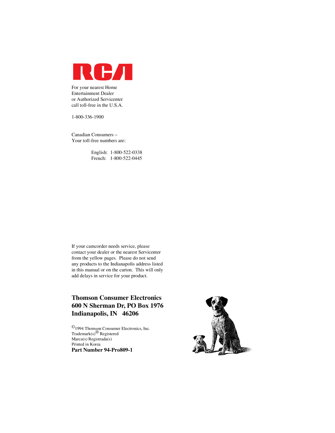 RCA specifications Part Number 94-Pro809-1 