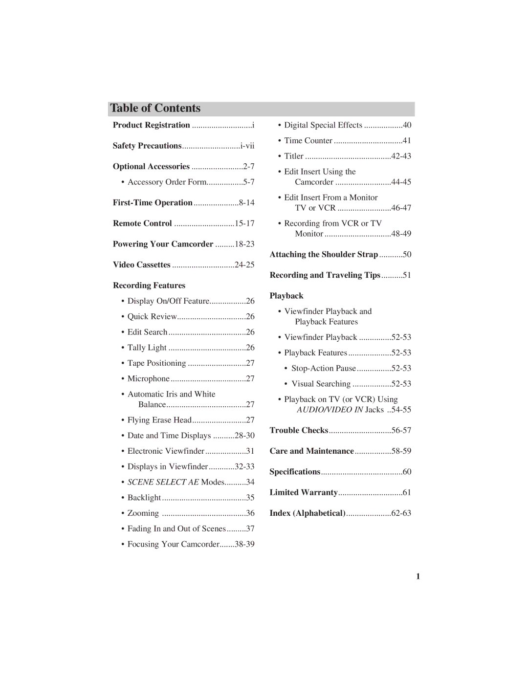 RCA Pro809 specifications Table of Contents 