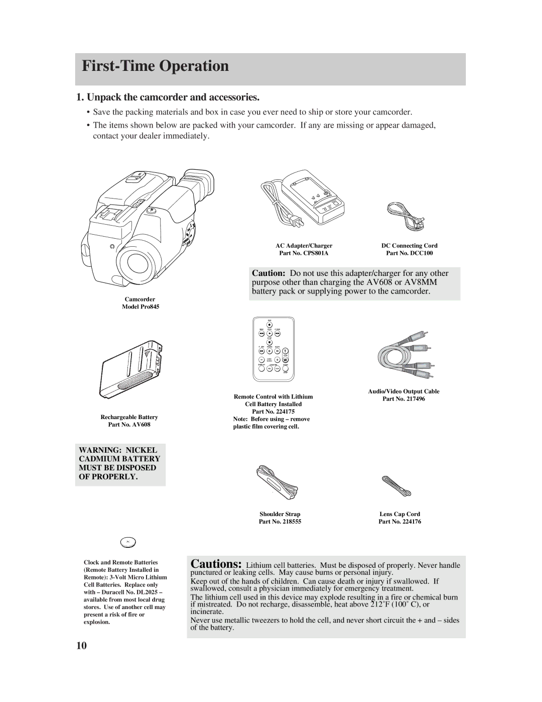 RCA Pro845 manual First-Time Operation, Unpack the camcorder and accessories 