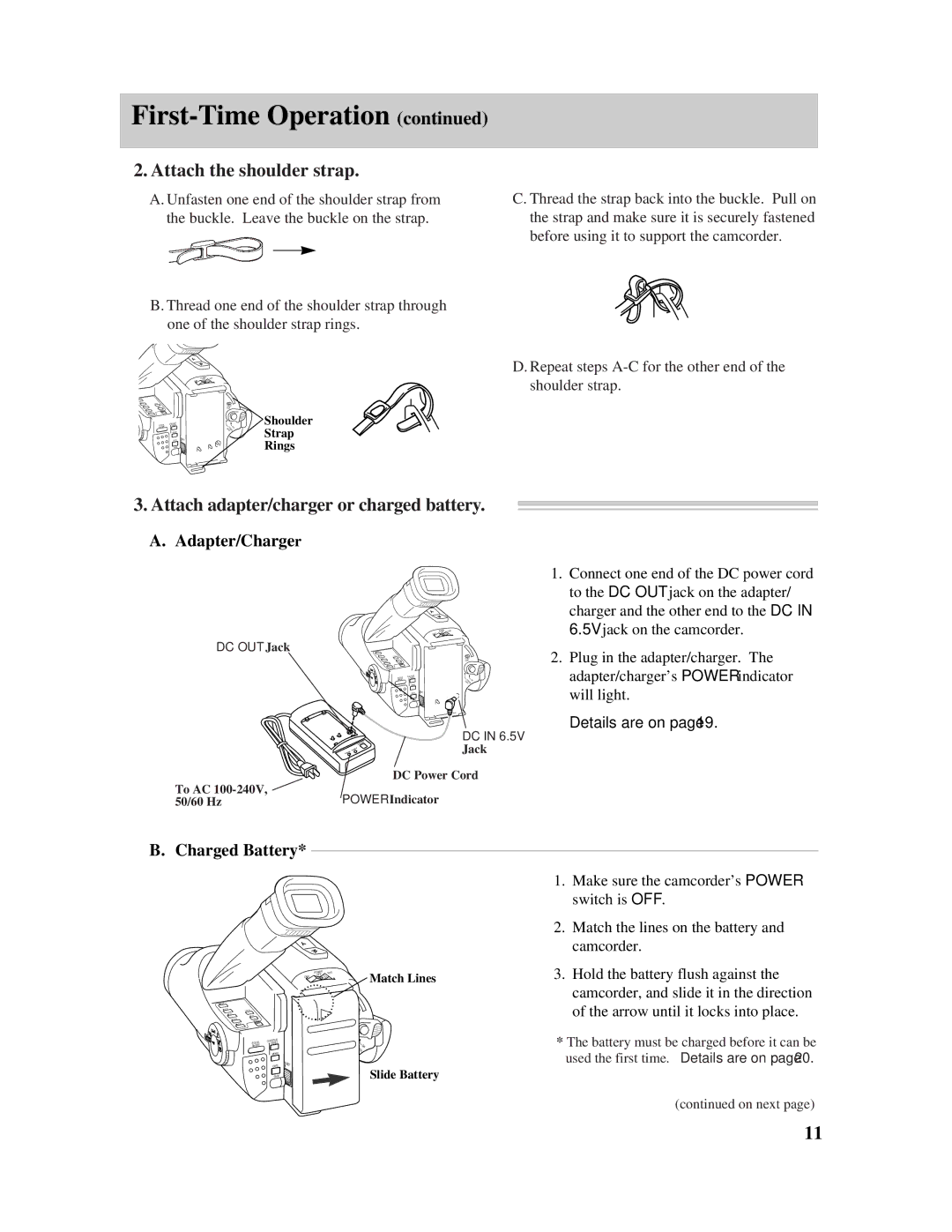 RCA Pro845 manual Attach the shoulder strap, Attach adapter/charger or charged battery, Adapter/Charger, Charged Battery 