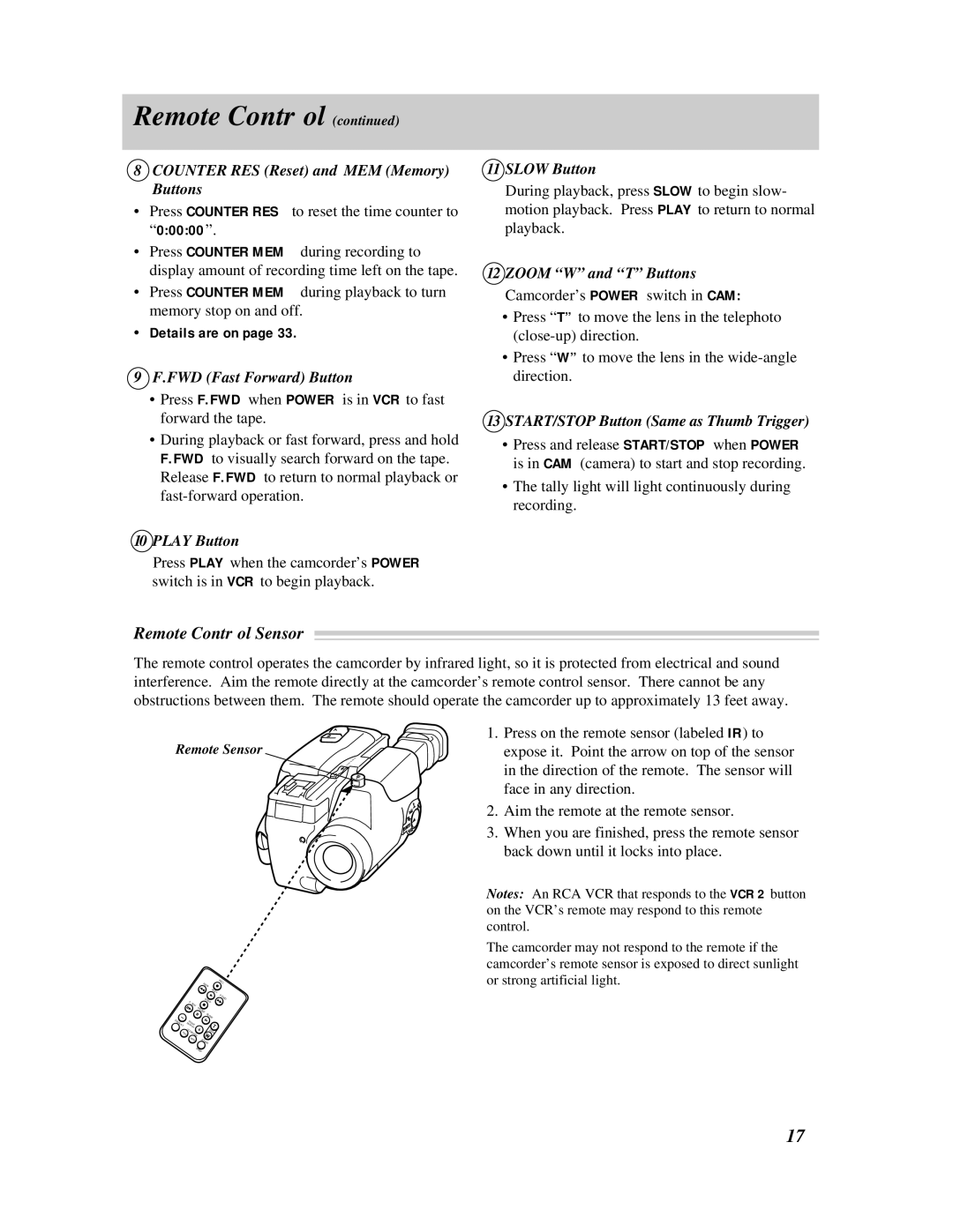 RCA Pro845 manual Remote Control Sensor 