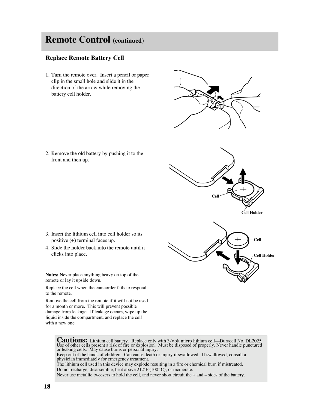 RCA Pro845 manual Replace Remote Battery Cell 