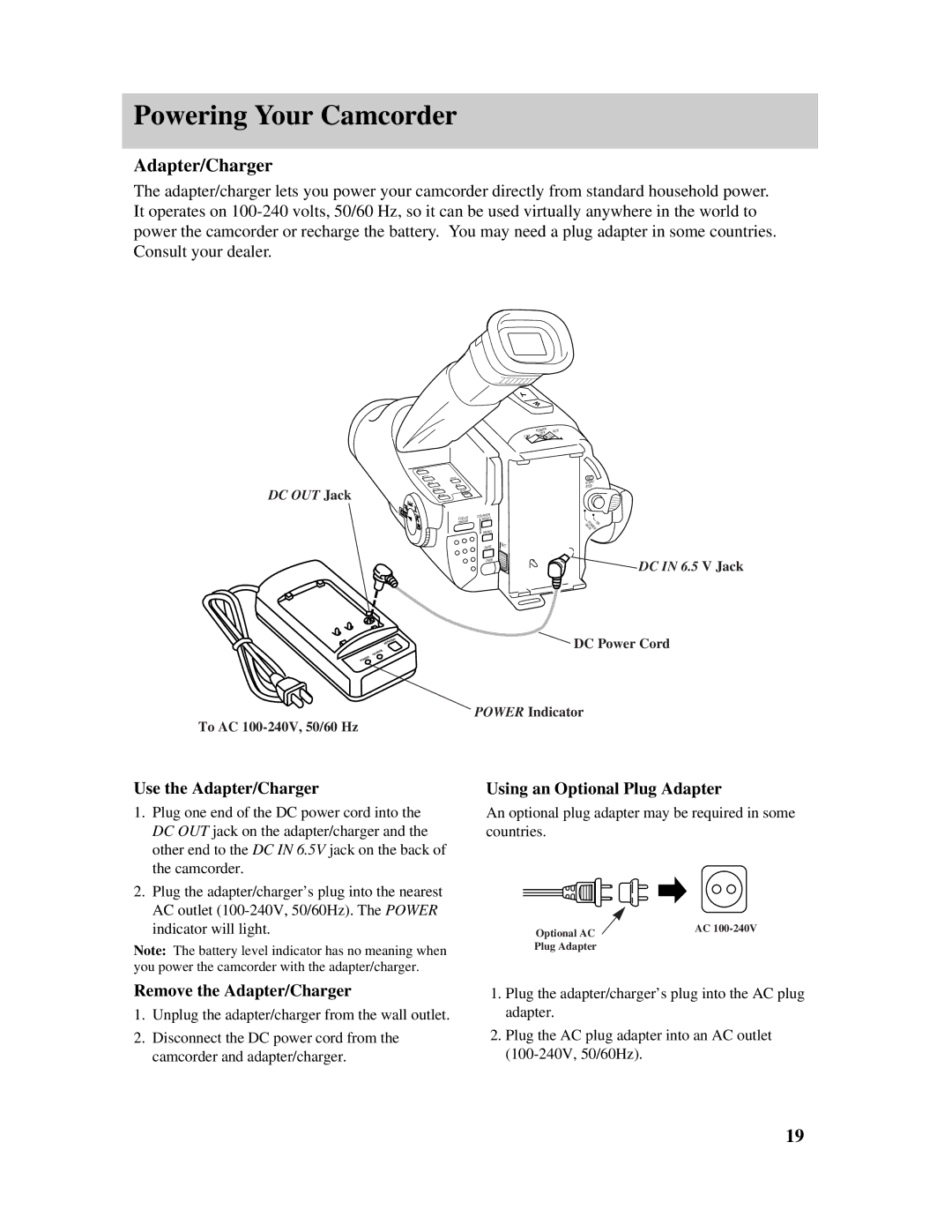 RCA Pro845 manual Powering Your Camcorder, Use the Adapter/Charger, Using an Optional Plug Adapter 