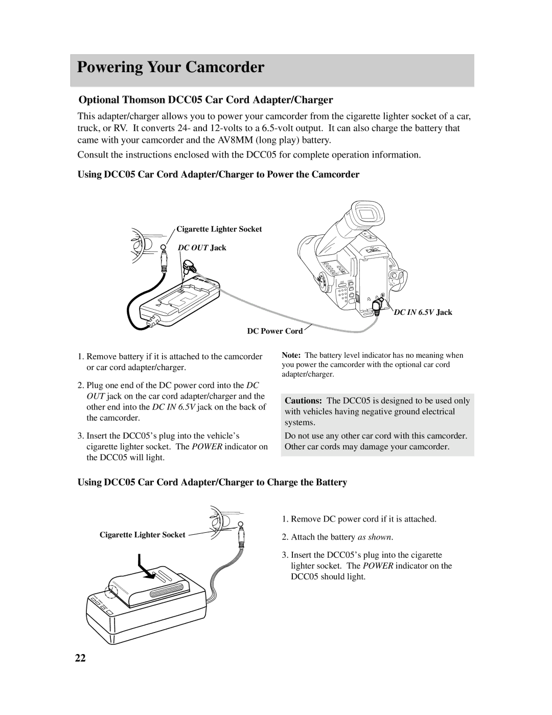 RCA Pro845 Optional Thomson DCC05 Car Cord Adapter/Charger, Using DCC05 Car Cord Adapter/Charger to Power the Camcorder 