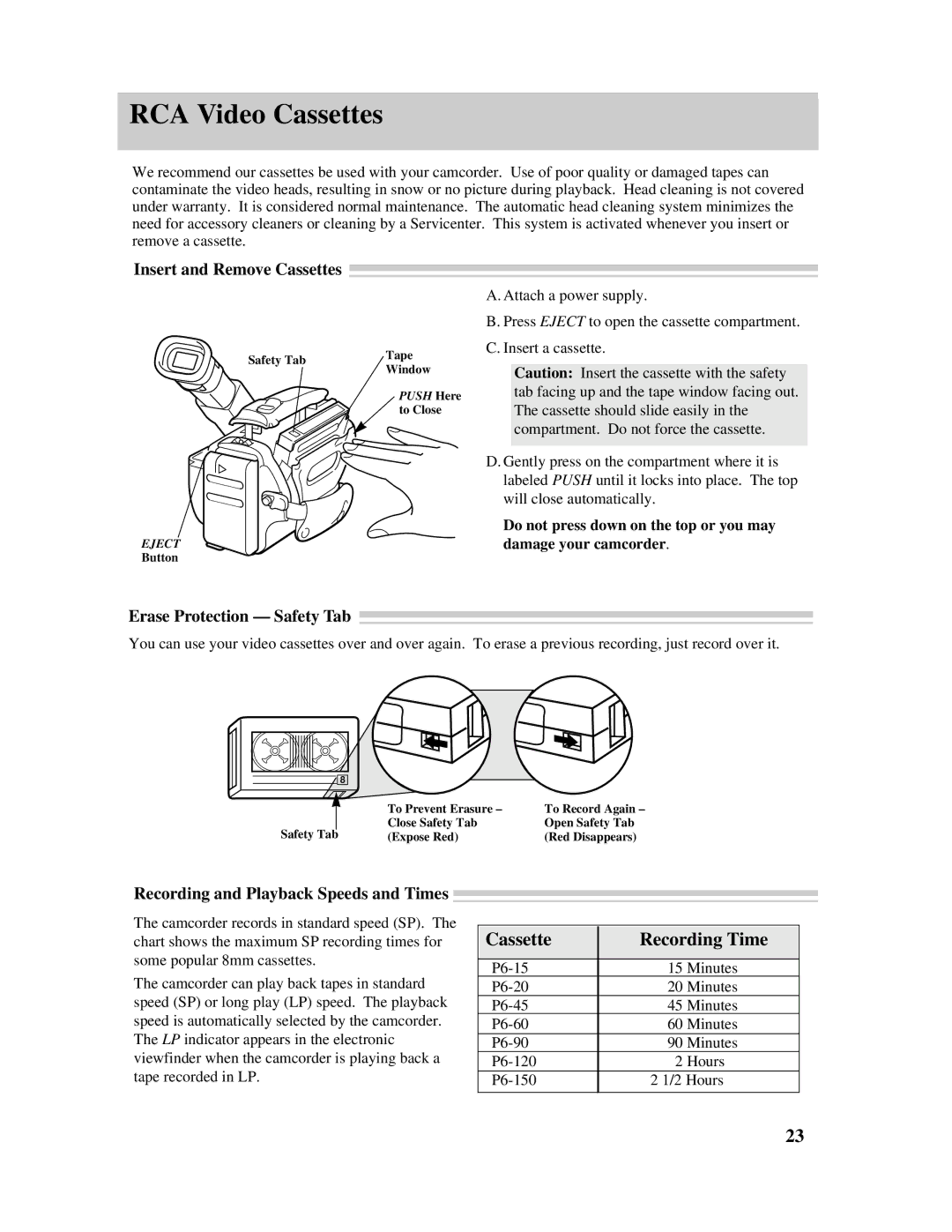 RCA Pro845 manual RCA Video Cassettes, Cassette Recording Time, Insert and Remove Cassettes, Erase Protection Safety Tab 