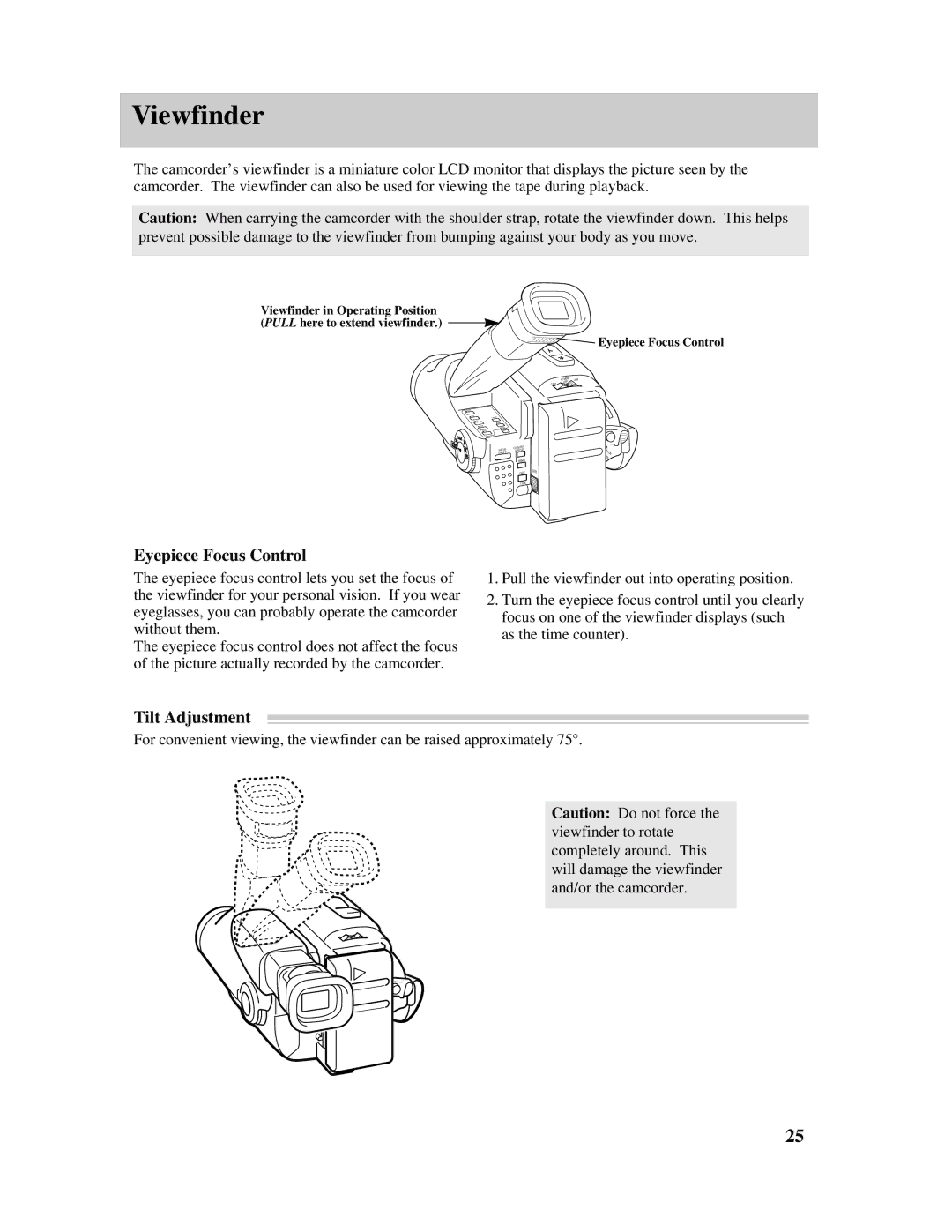 RCA Pro845 manual Viewfinder, Eyepiece Focus Control, Tilt Adjustment 