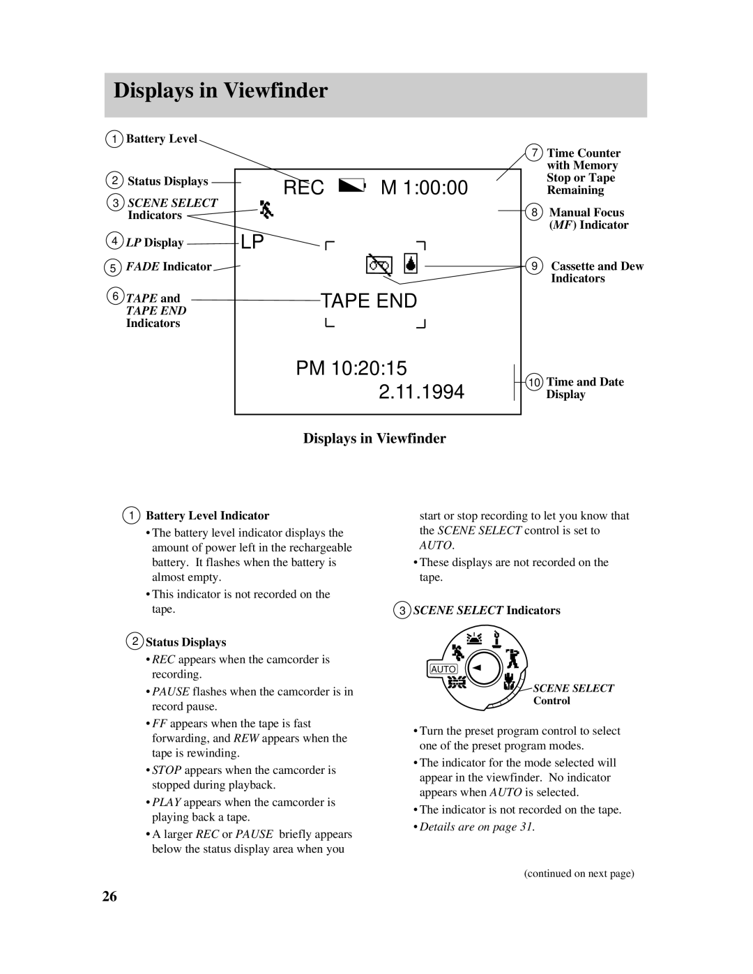 RCA Pro845 manual Displays in Viewfinder, Tape END Indicators, Battery Level Indicator 