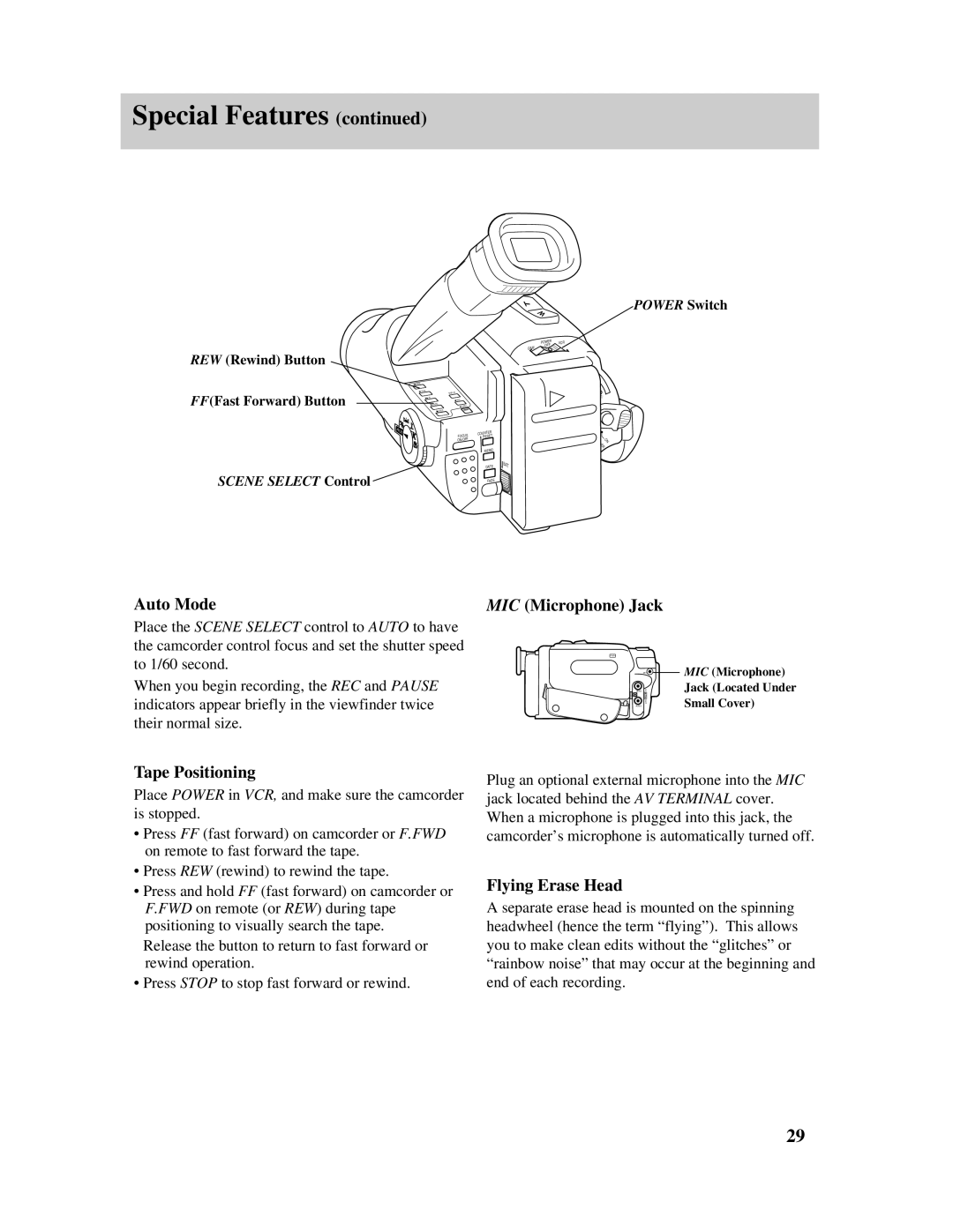 RCA Pro845 manual Auto Mode, MIC Microphone Jack, Tape Positioning, Flying Erase Head, Power Switch 