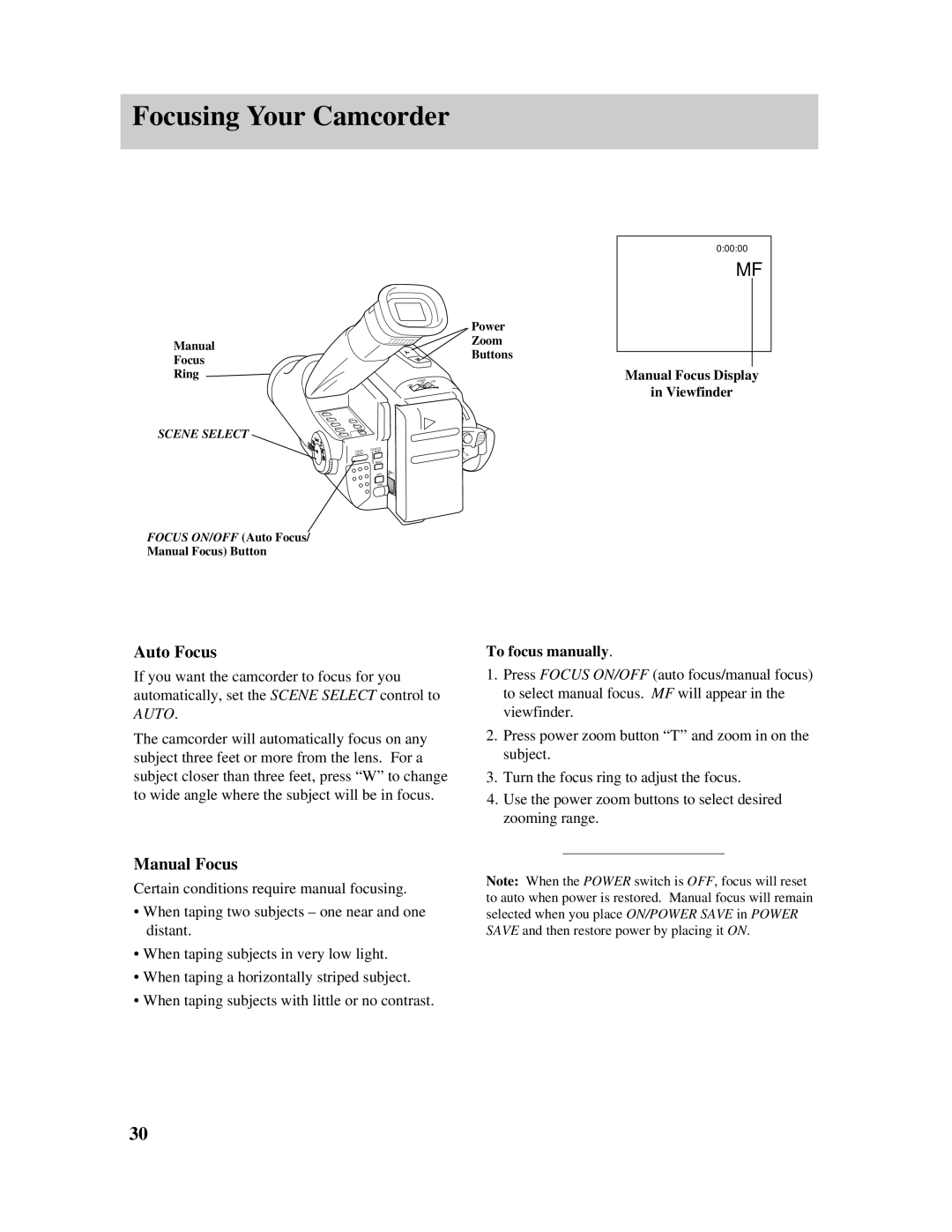 RCA Pro845 Focusing Your Camcorder, Auto Focus, Manual Focus, To focus manually 