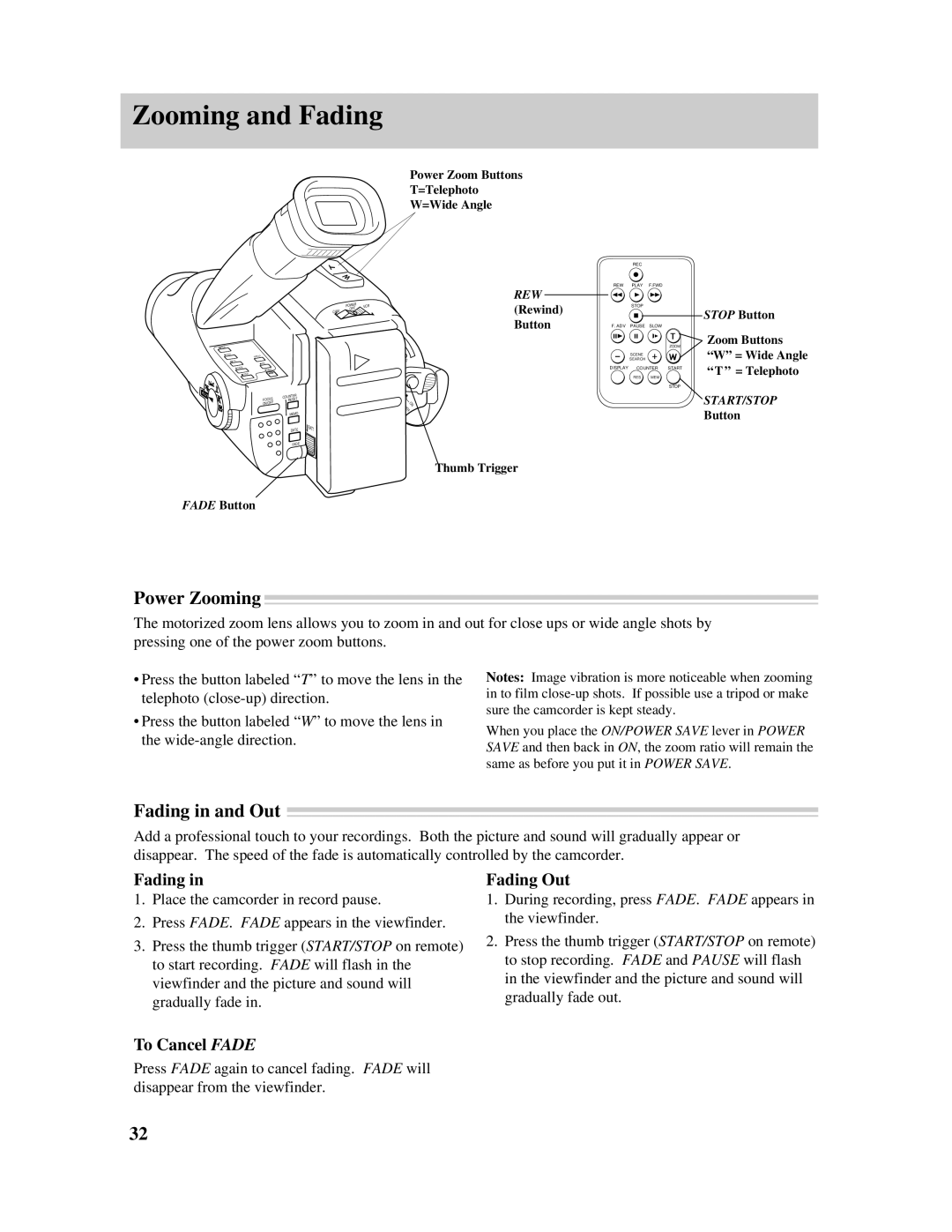 RCA Pro845 manual Zooming and Fading, Power Zooming, Fading in and Out 