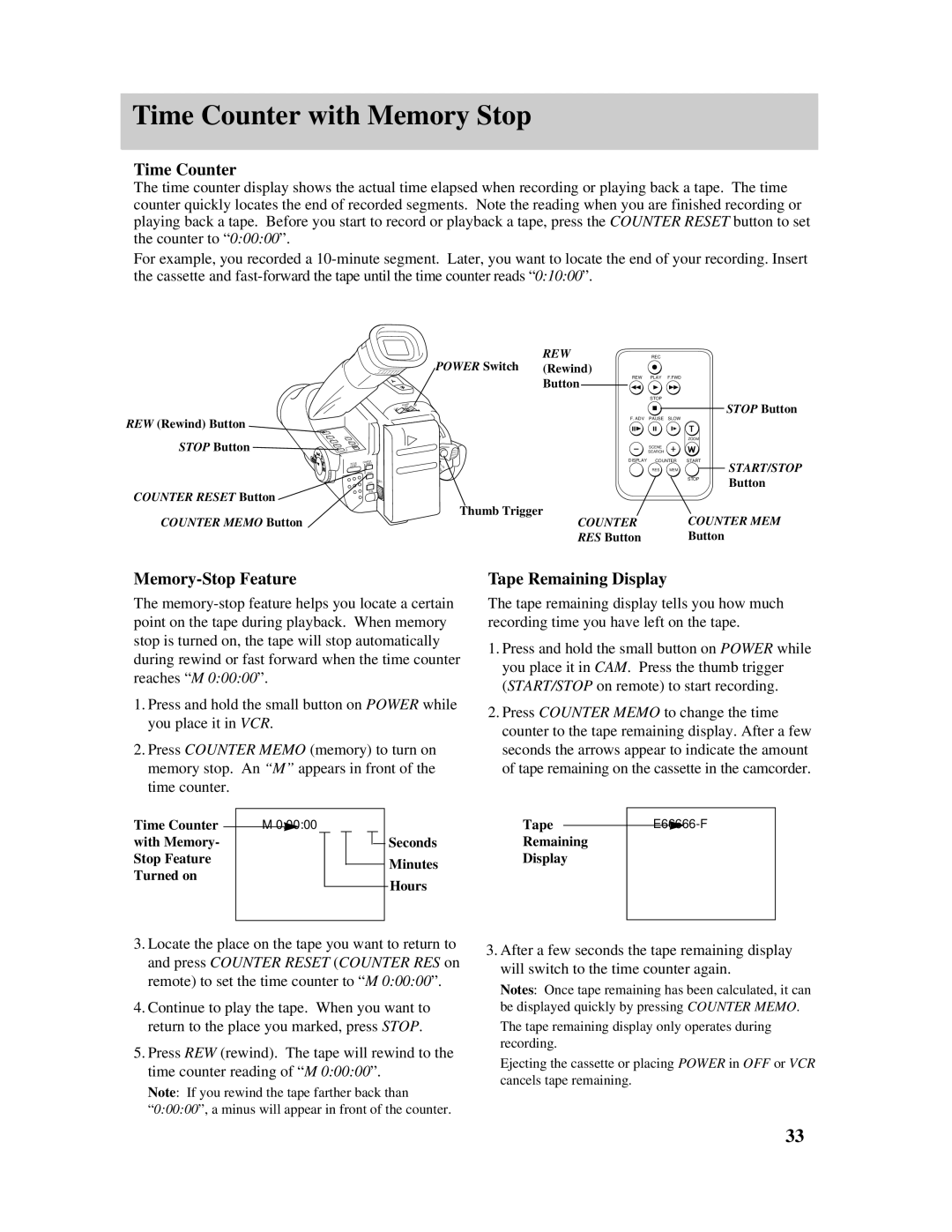 RCA Pro845 manual Time Counter with Memory Stop, Memory-Stop Feature, Tape Remaining Display 