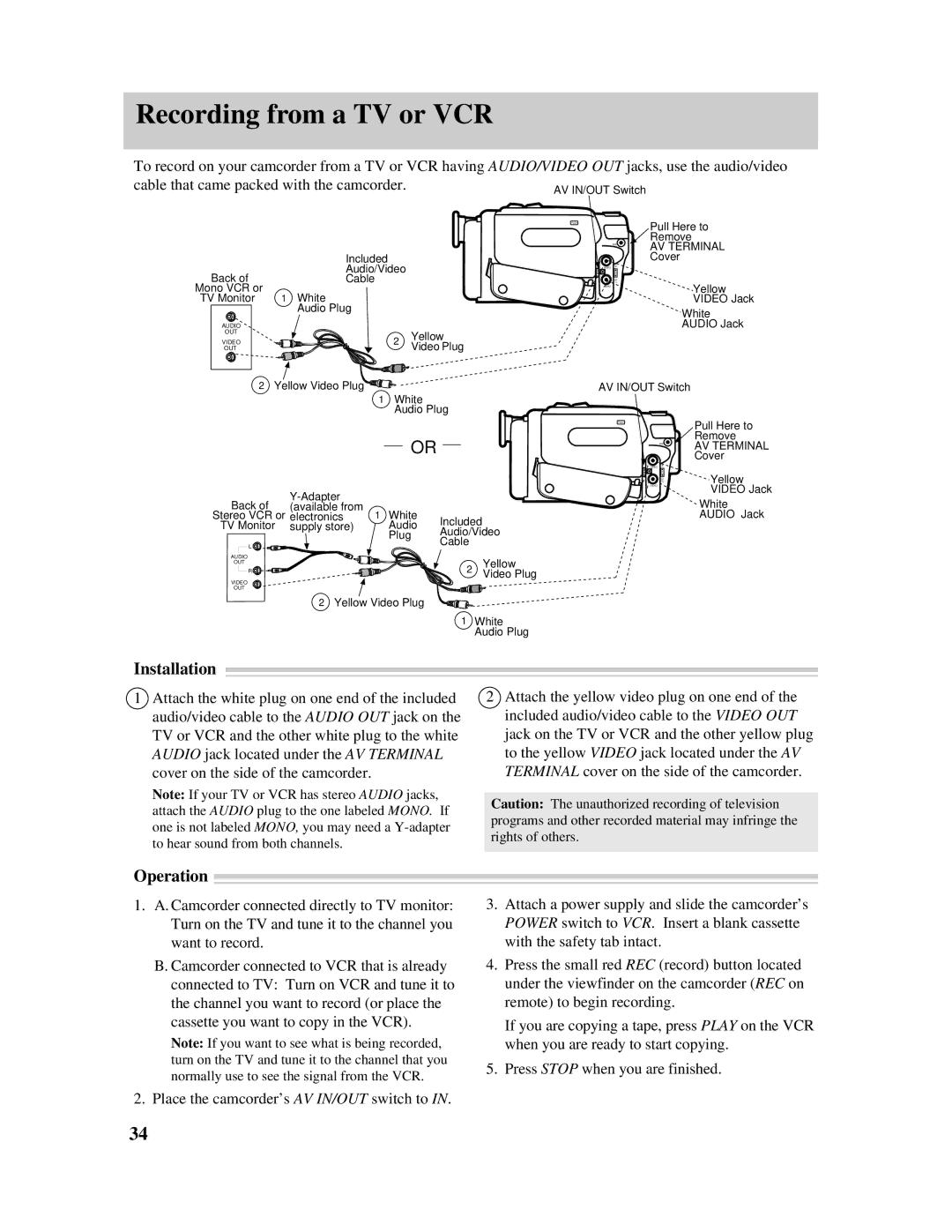 RCA Pro845 manual Recording from a TV or VCR, Installation, Operation 