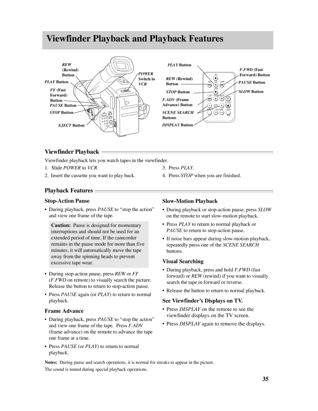 RCA Pro845 manual Viewfinder Playback and Playback Features 