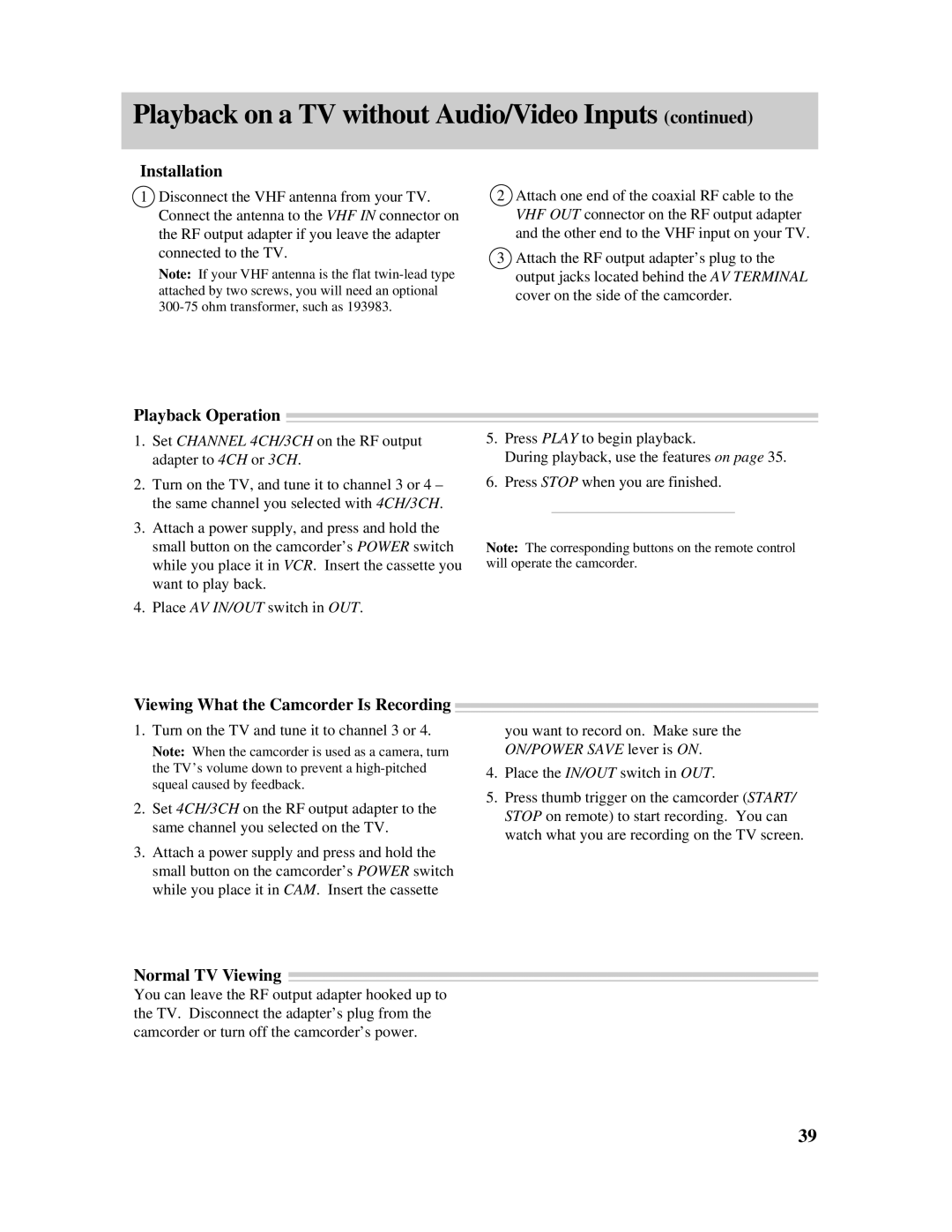 RCA Pro845 manual Playback Operation, Viewing What the Camcorder Is Recording, Normal TV Viewing 