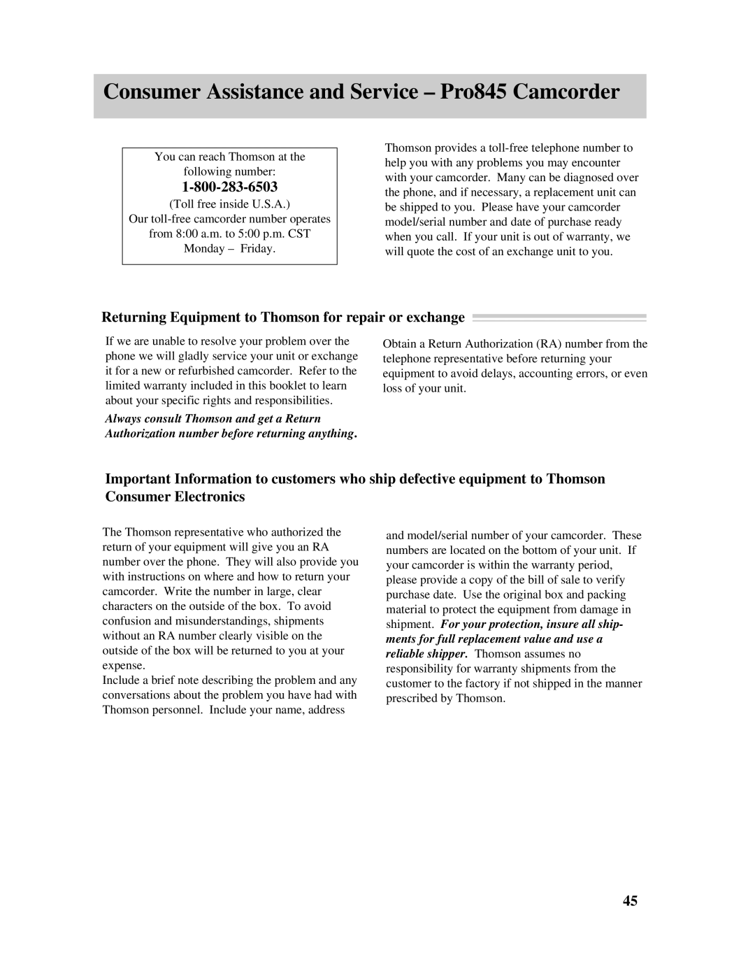 RCA manual Consumer Assistance and Service Pro845 Camcorder, Returning Equipment to Thomson for repair or exchange 