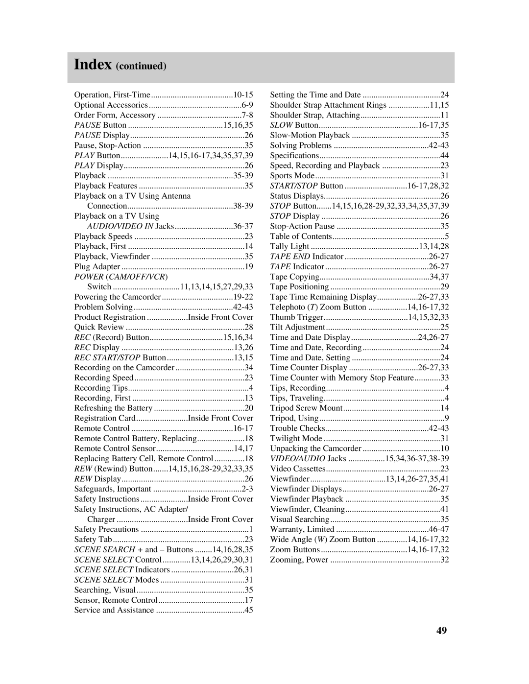 RCA Pro845 manual Index, Power CAM/OFF/VCR 