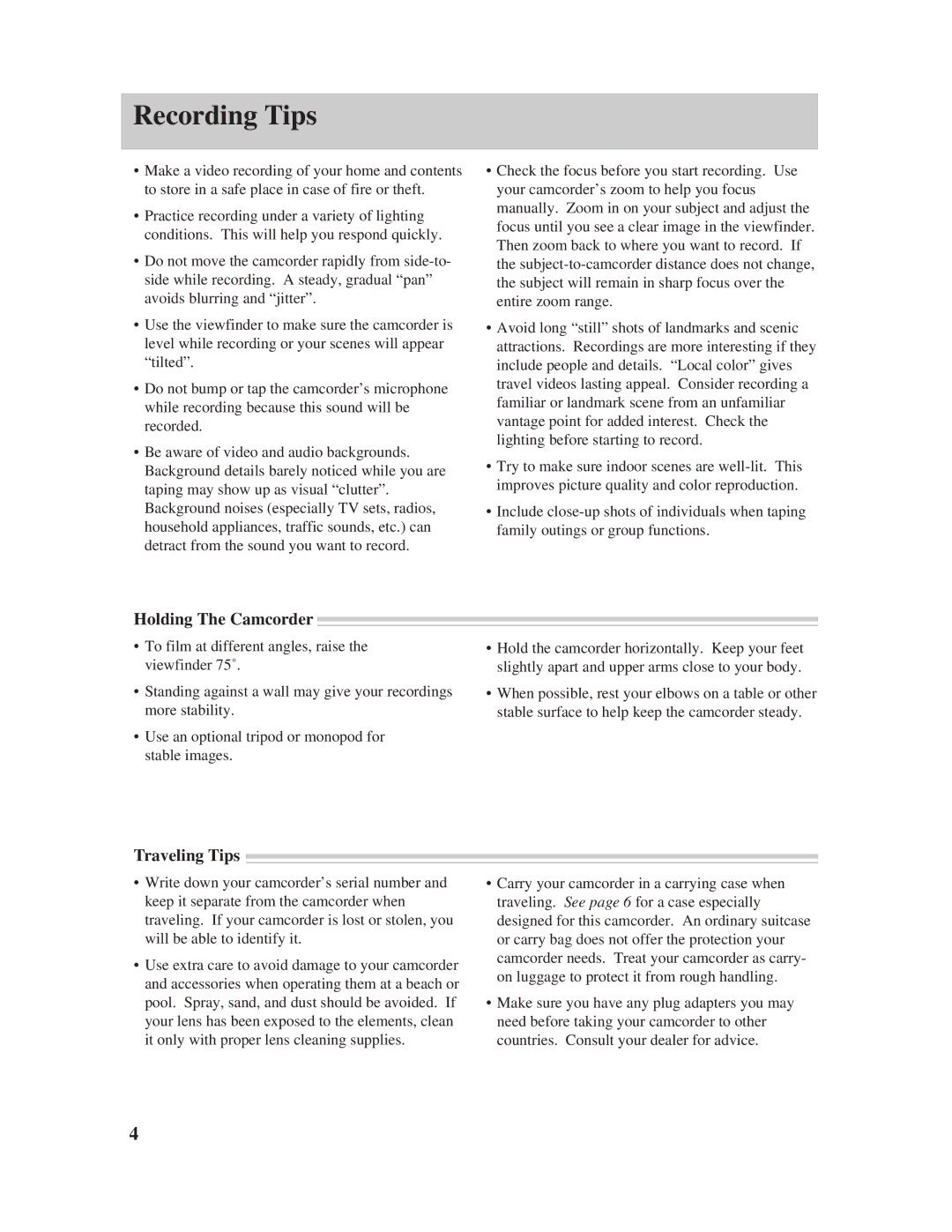 RCA Pro845 manual Recording Tips, Holding The Camcorder, Traveling Tips 