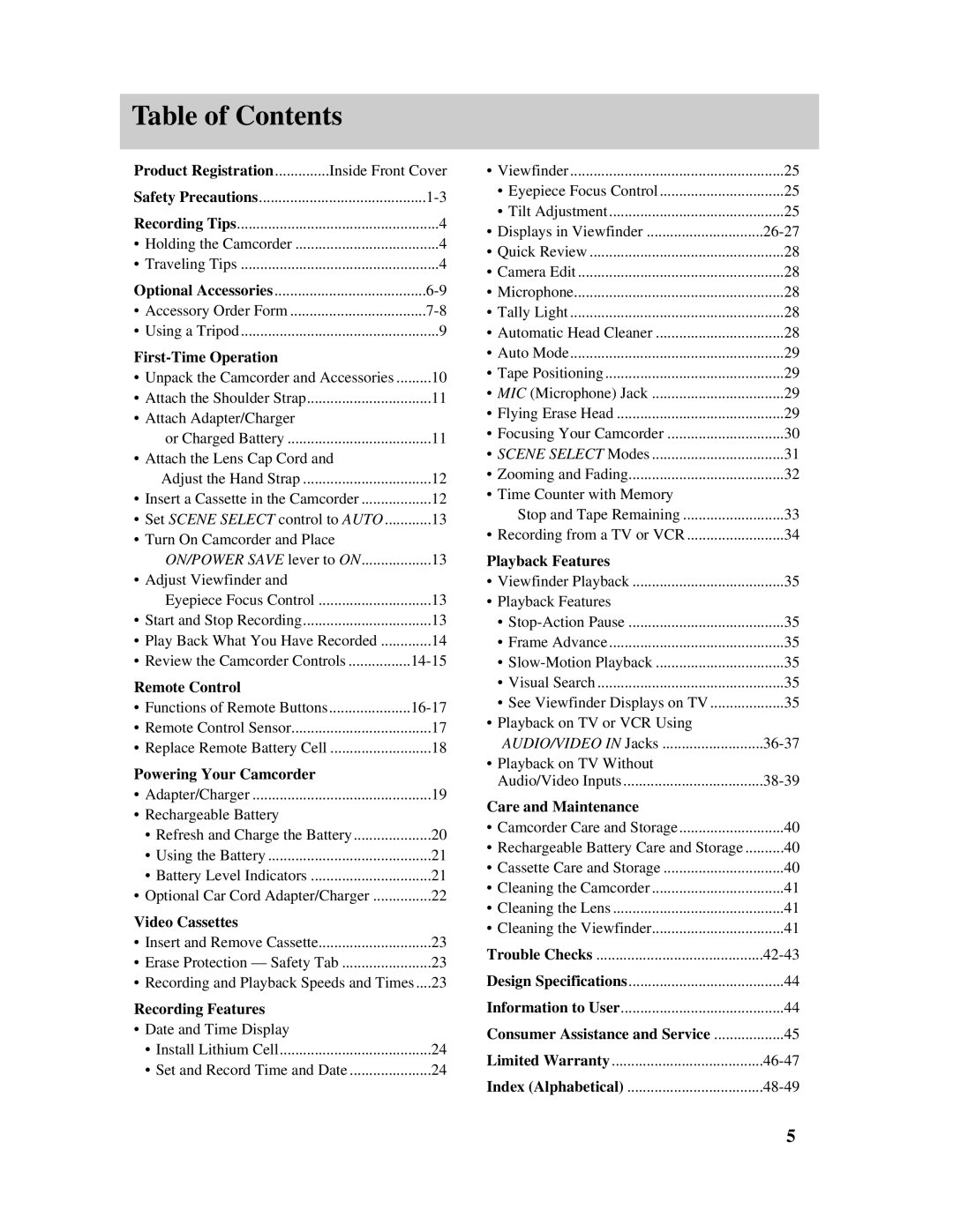 RCA Pro845 manual Table of Contents 