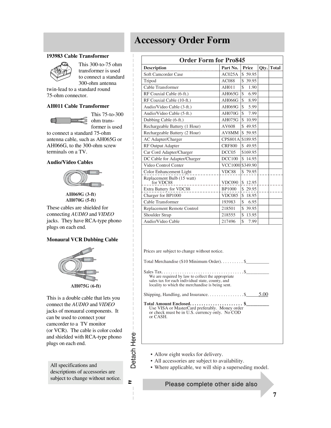 RCA manual Accessory Order Form, Order Form for Pro845, Please complete other side also 