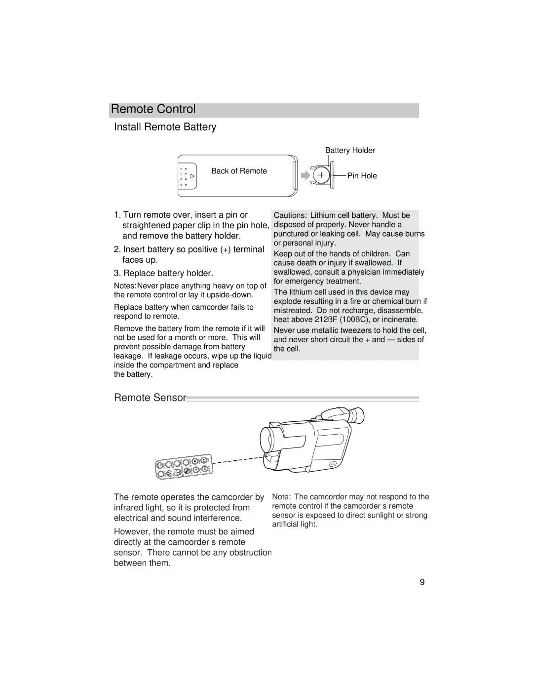 RCA PRO846 manual Remote Control, Install Remote Battery, Remote Sensor 