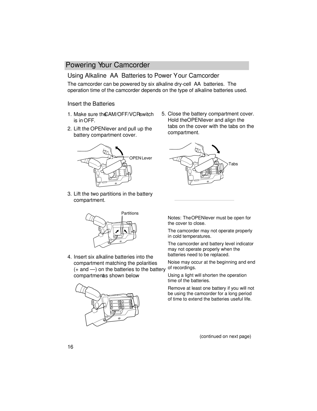 RCA PRO846 manual Using Alkaline AA Batteries to Power Your Camcorder, Insert the Batteries 