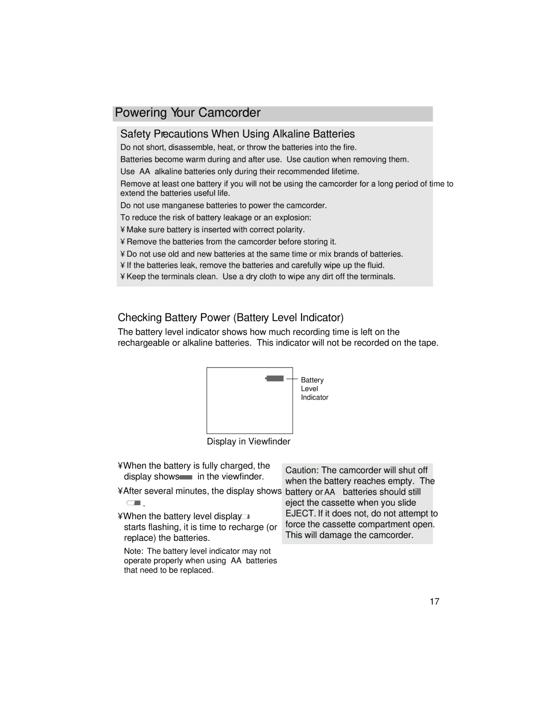 RCA PRO846 manual Safety Precautions When Using Alkaline Batteries, Checking Battery Power Battery Level Indicator 