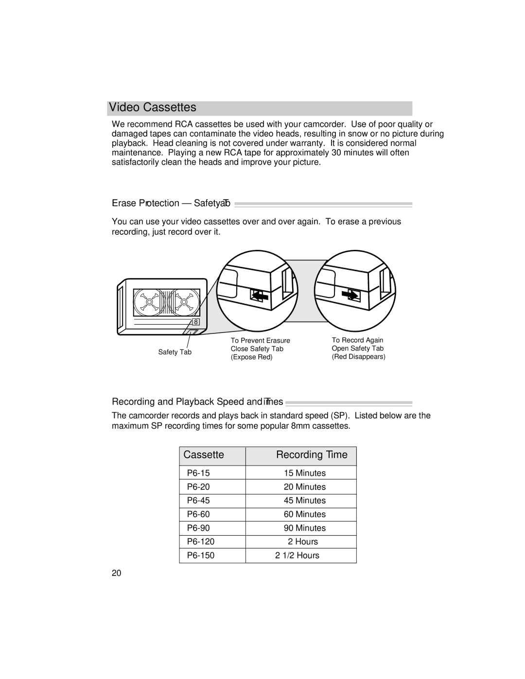 RCA PRO846 Video Cassettes, Cassette Recording Time, Erase Protection Safety Tab, Recording and Playback Speed and Times 