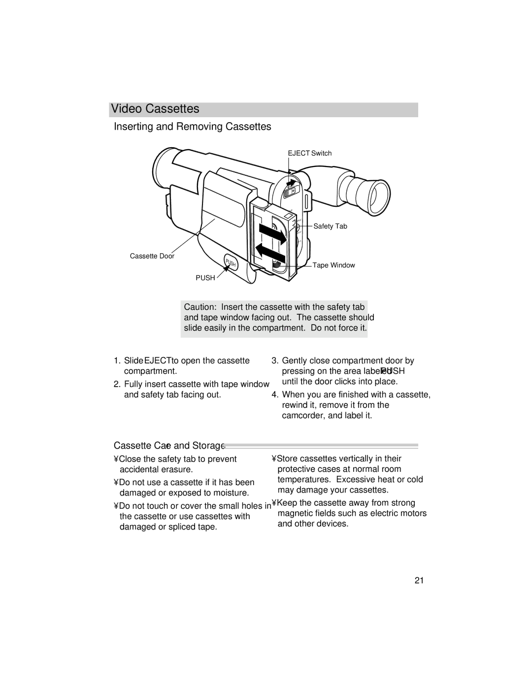 RCA PRO846 manual Inserting and Removing Cassettes, Cassette Care and Storage 