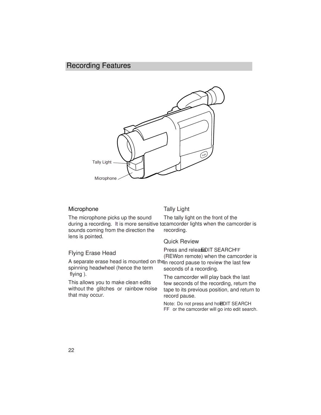 RCA PRO846 manual Recording Features, Microphone, Flying Erase Head, Tally Light, Quick Review 