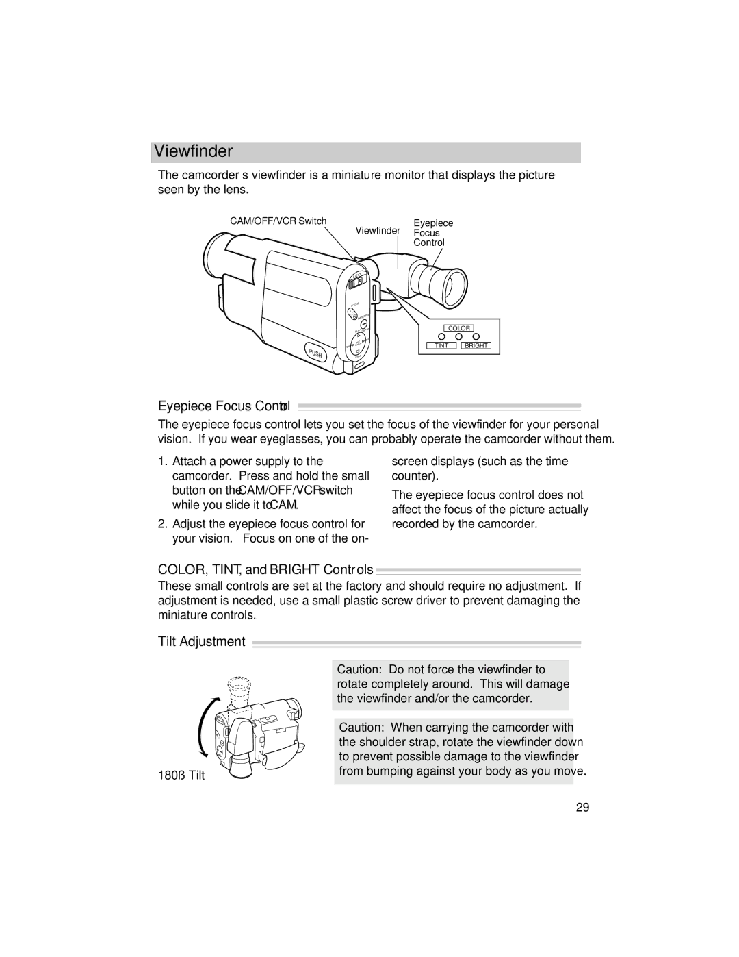 RCA PRO846 manual Viewfinder, Eyepiece Focus Control, Tilt Adjustment 