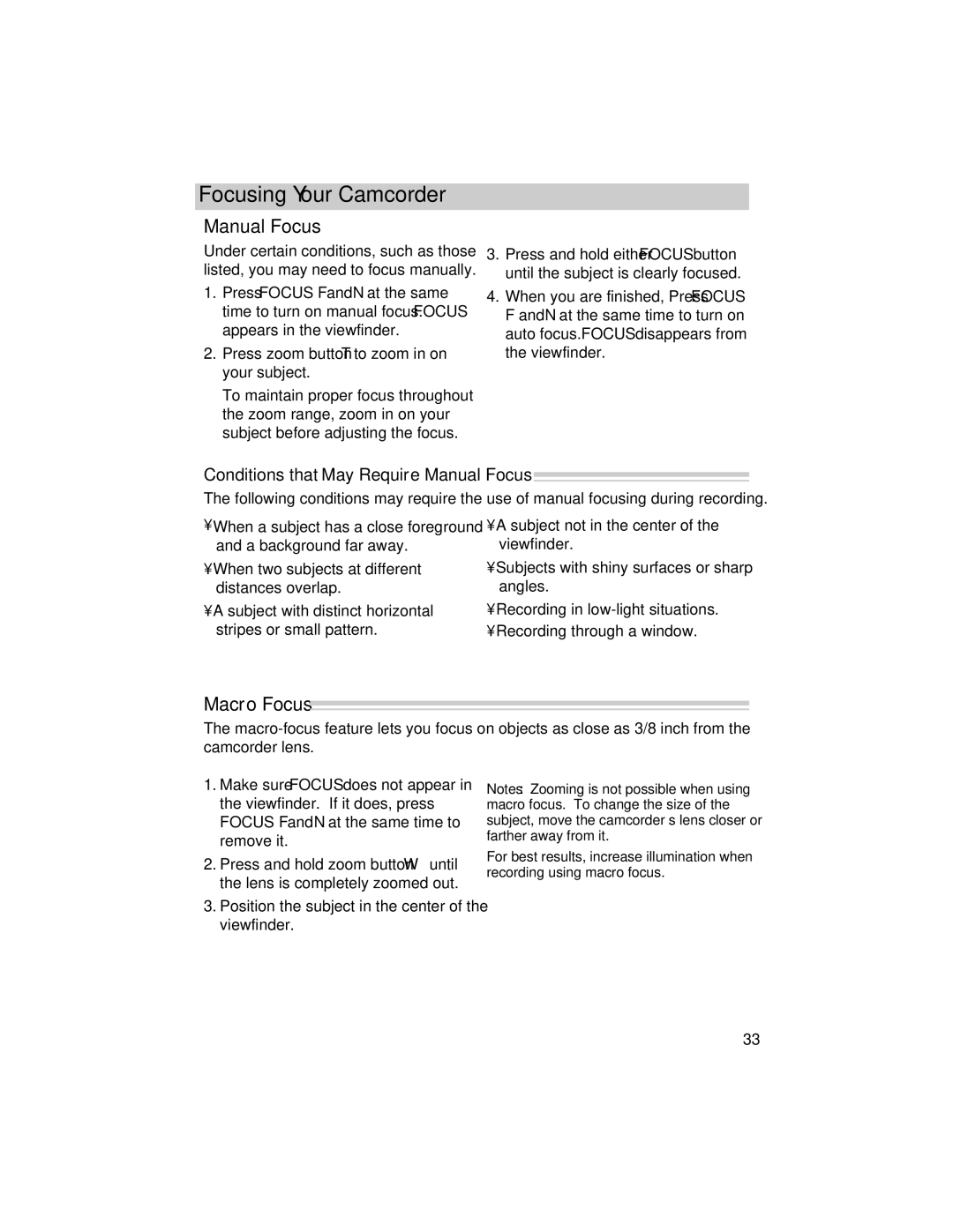 RCA PRO846 manual Macro Focus, Conditions that May Require Manual Focus 