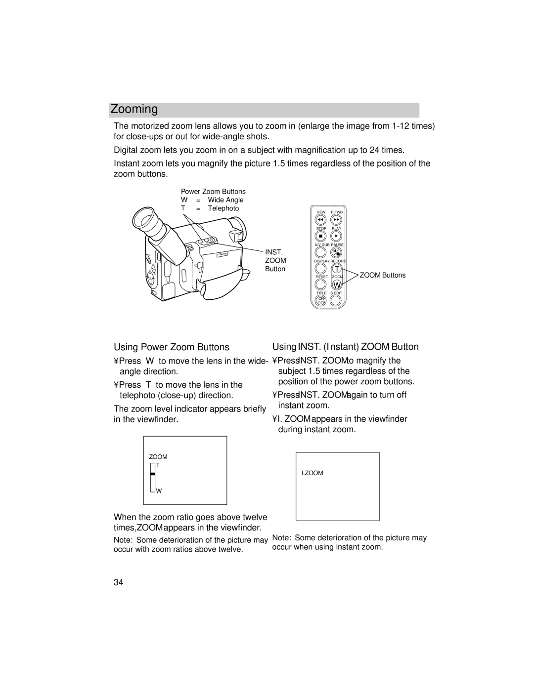 RCA PRO846 manual Zooming, Using Power Zoom Buttons, Using INST. Instant Zoom Button 