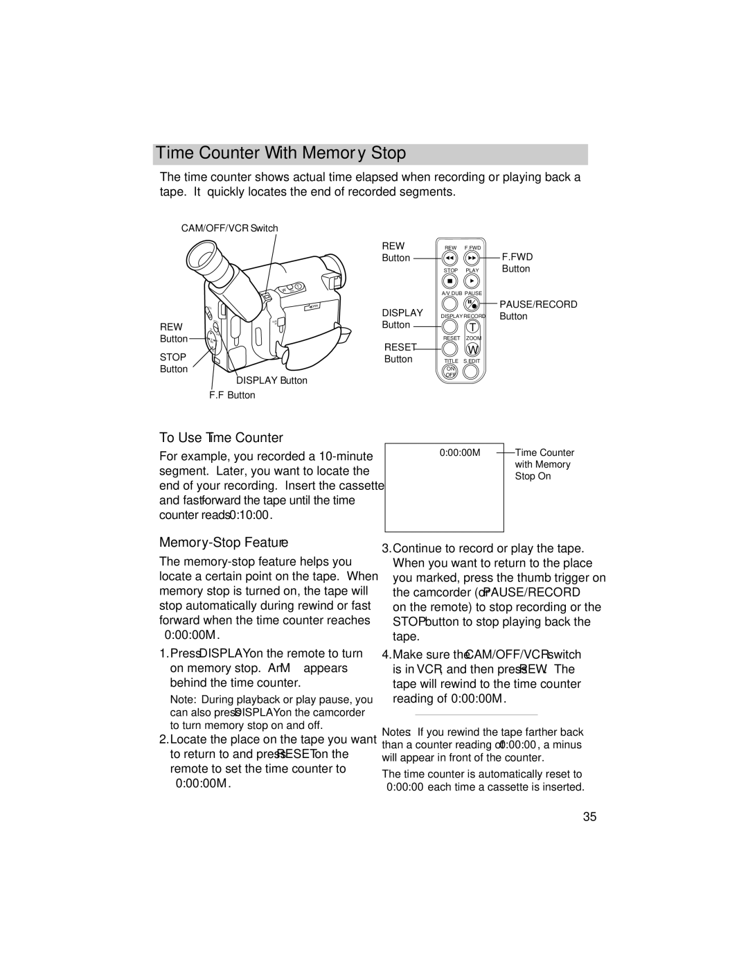 RCA PRO846 manual Time Counter With Memory Stop, To Use Time Counter, Memory-Stop Feature 