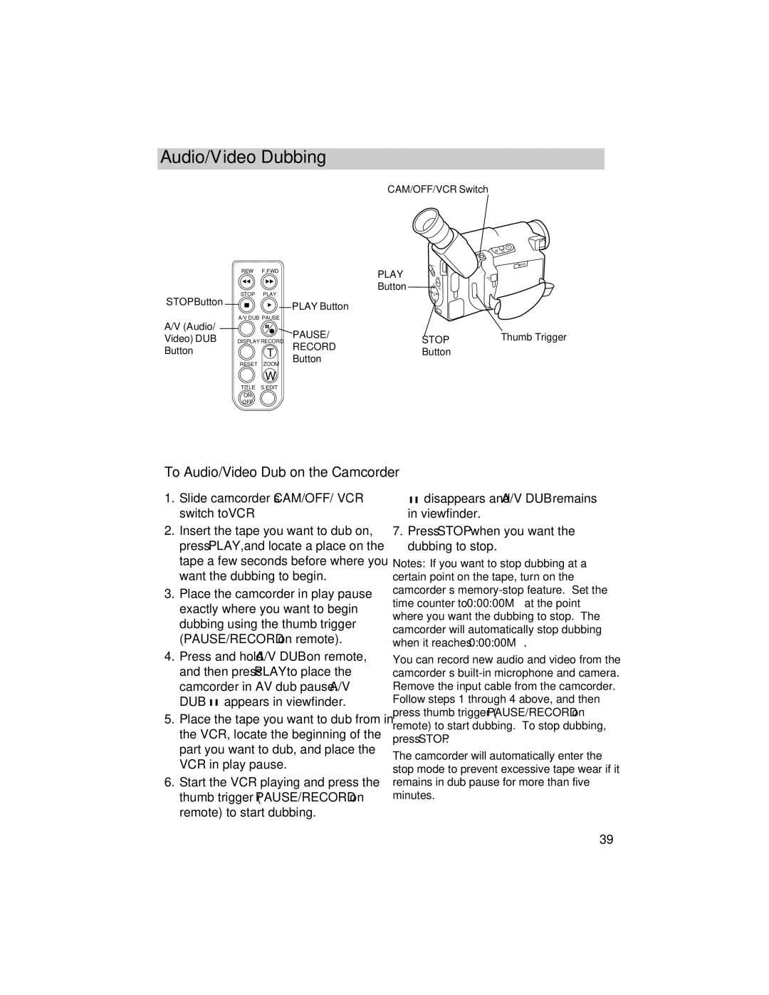 RCA PRO846 manual To Audio/Video Dub on the Camcorder 