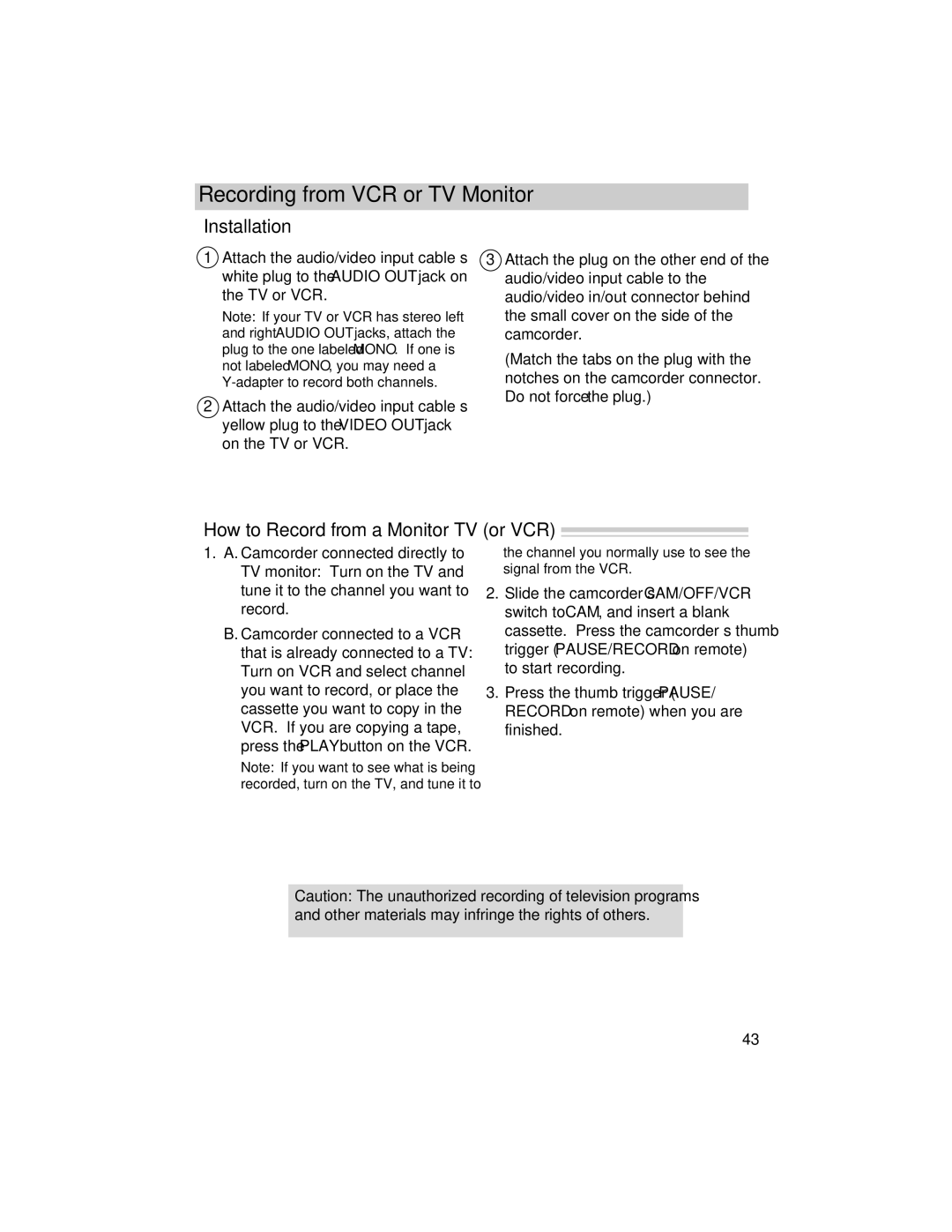 RCA PRO846 manual Installation, How to Record from a Monitor TV or VCR 