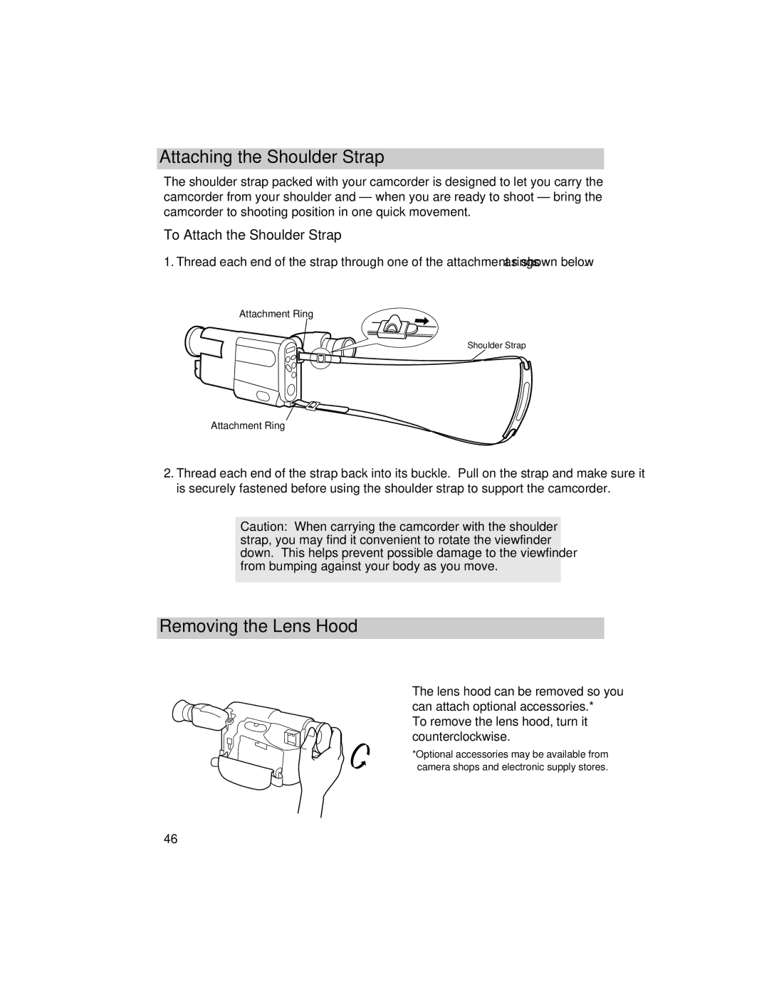 RCA PRO846 manual Attaching the Shoulder Strap, Removing the Lens Hood, To Attach the Shoulder Strap 