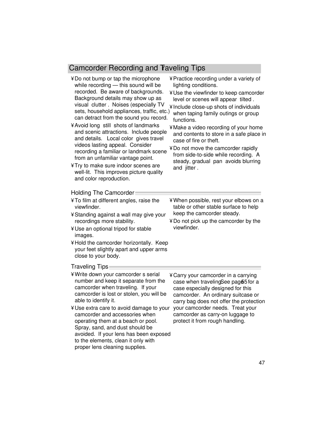 RCA PRO846 manual Camcorder Recording and Traveling Tips, Holding The Camcorder 