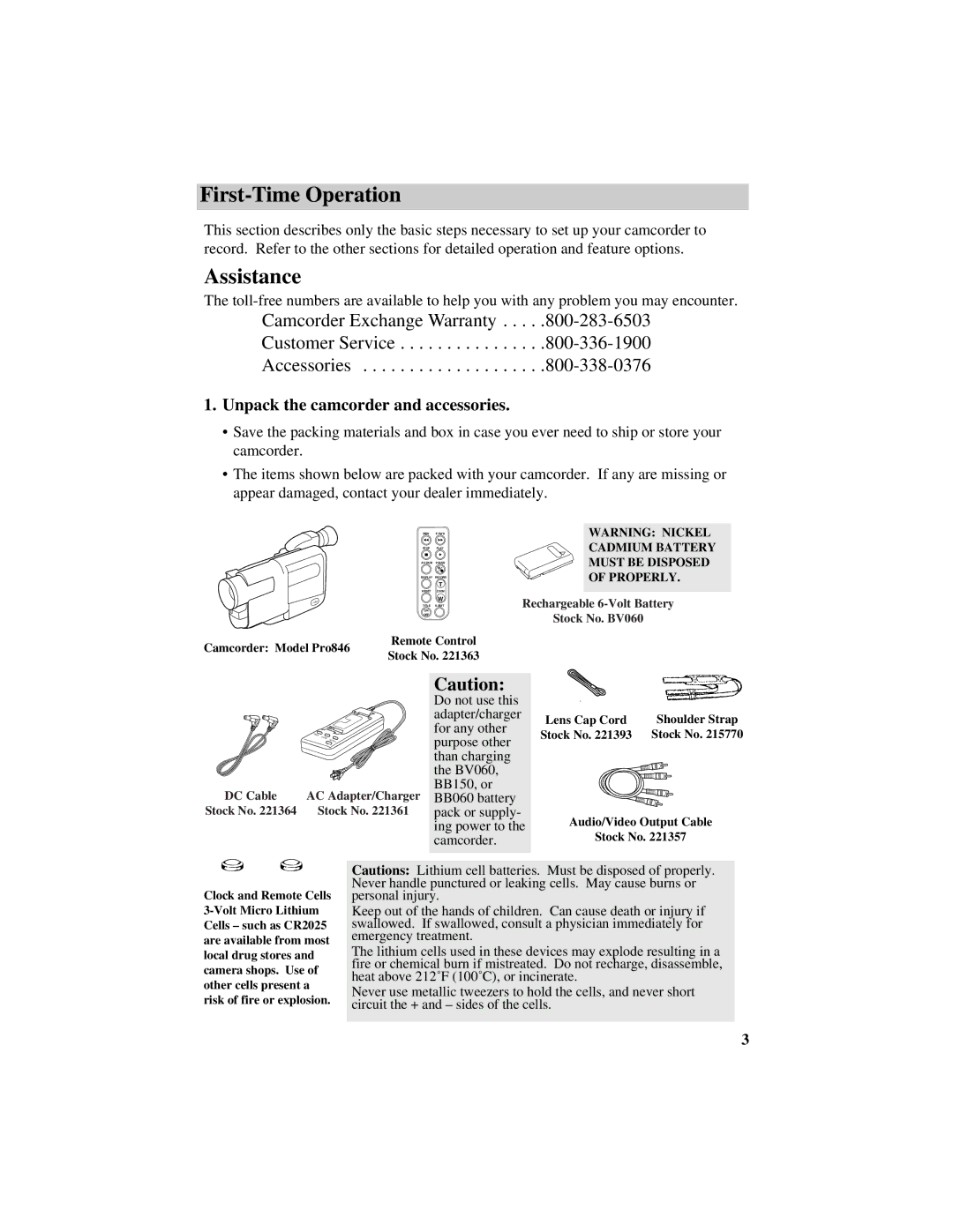 RCA PRO846 manual First-Time Operation, Unpack the camcorder and accessories 