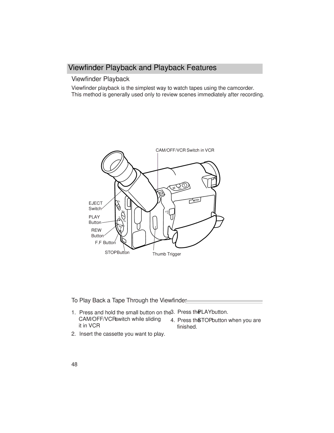 RCA PRO846 manual Viewfinder Playback and Playback Features, To Play Back a Tape Through the Viewfinder 