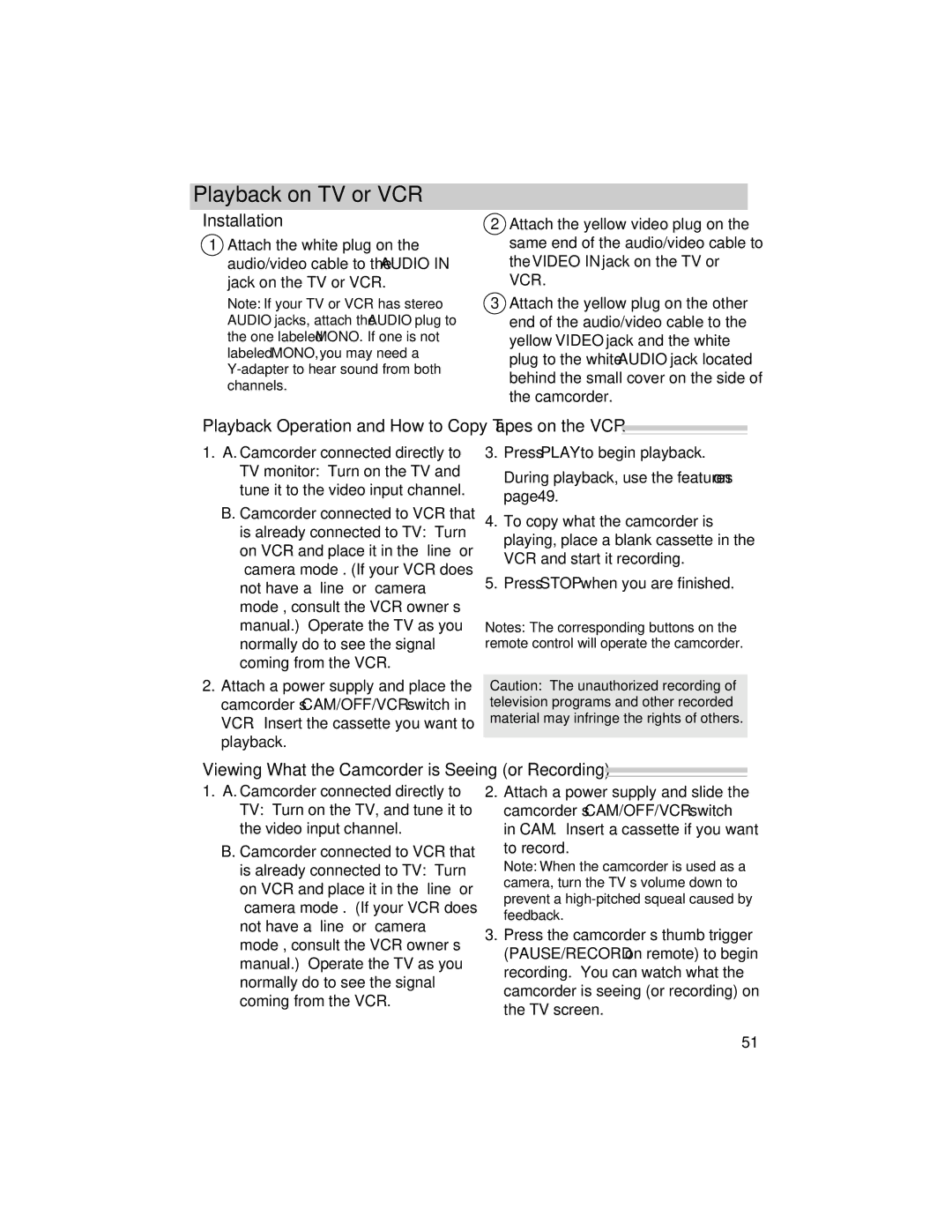 RCA PRO846 manual Playback on TV or VCR, Playback Operation and How to Copy Tapes on the VCR 