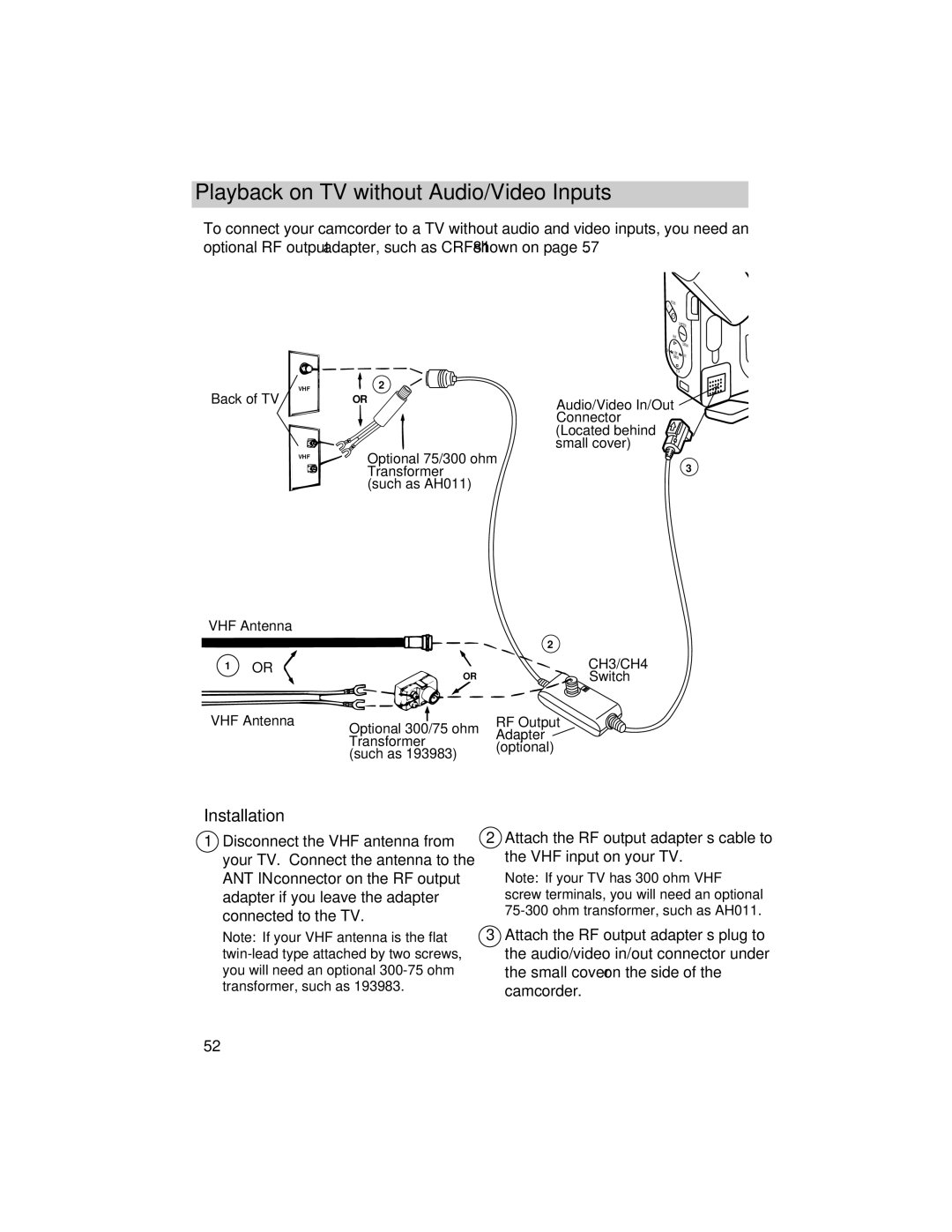 RCA PRO846 manual Playback on TV without Audio/Video Inputs 