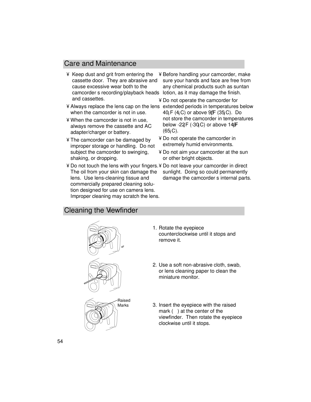 RCA PRO846 manual Care and Maintenance, Cleaning the Viewfinder 