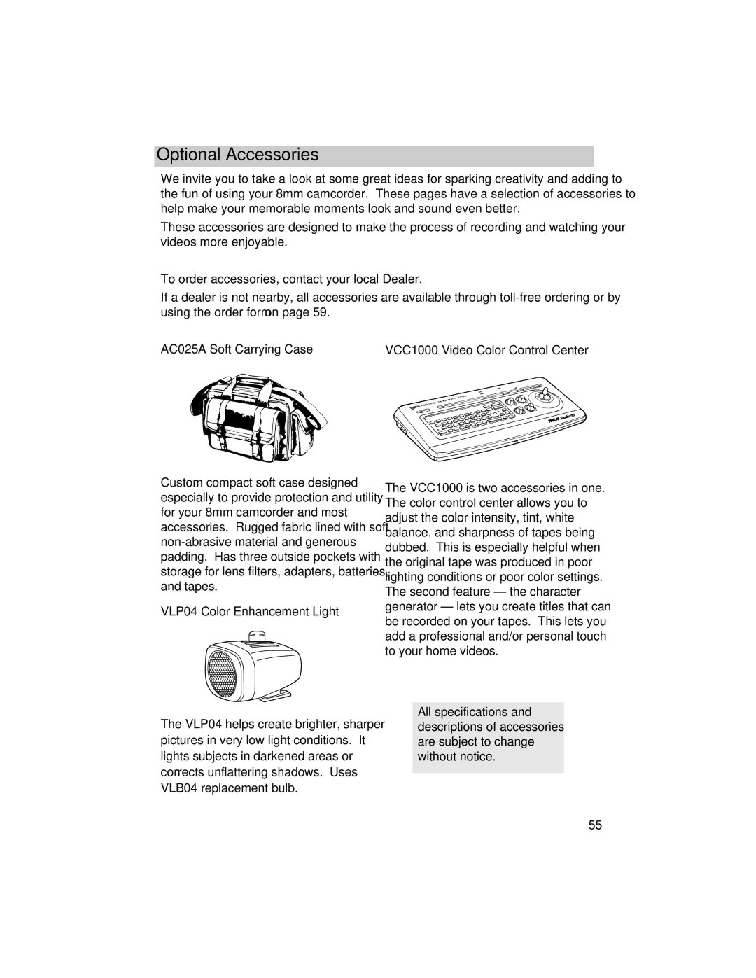 RCA PRO846 manual Optional Accessories, To order accessories, contact your local Dealer, VLP04 Color Enhancement Light 