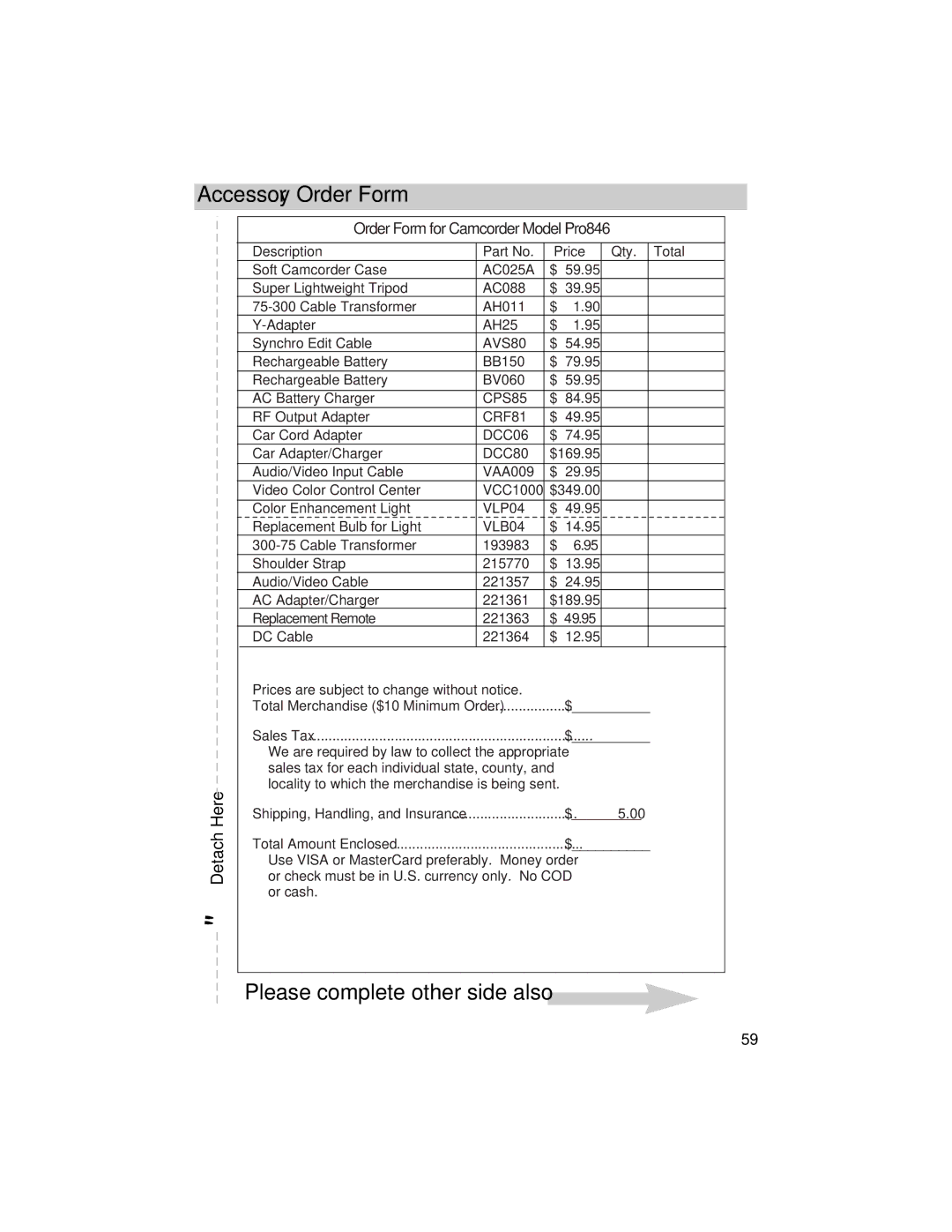 RCA PRO846 manual Accessory Order Form, Please complete other side also, Order Form for Camcorder Model Pro846 