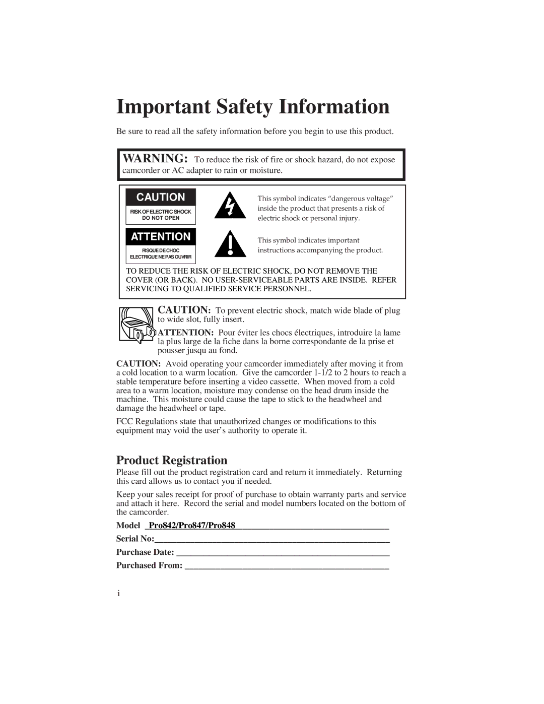 RCA Pro847, Pro848, Pro842 manual Important Safety Information, Product Registration 