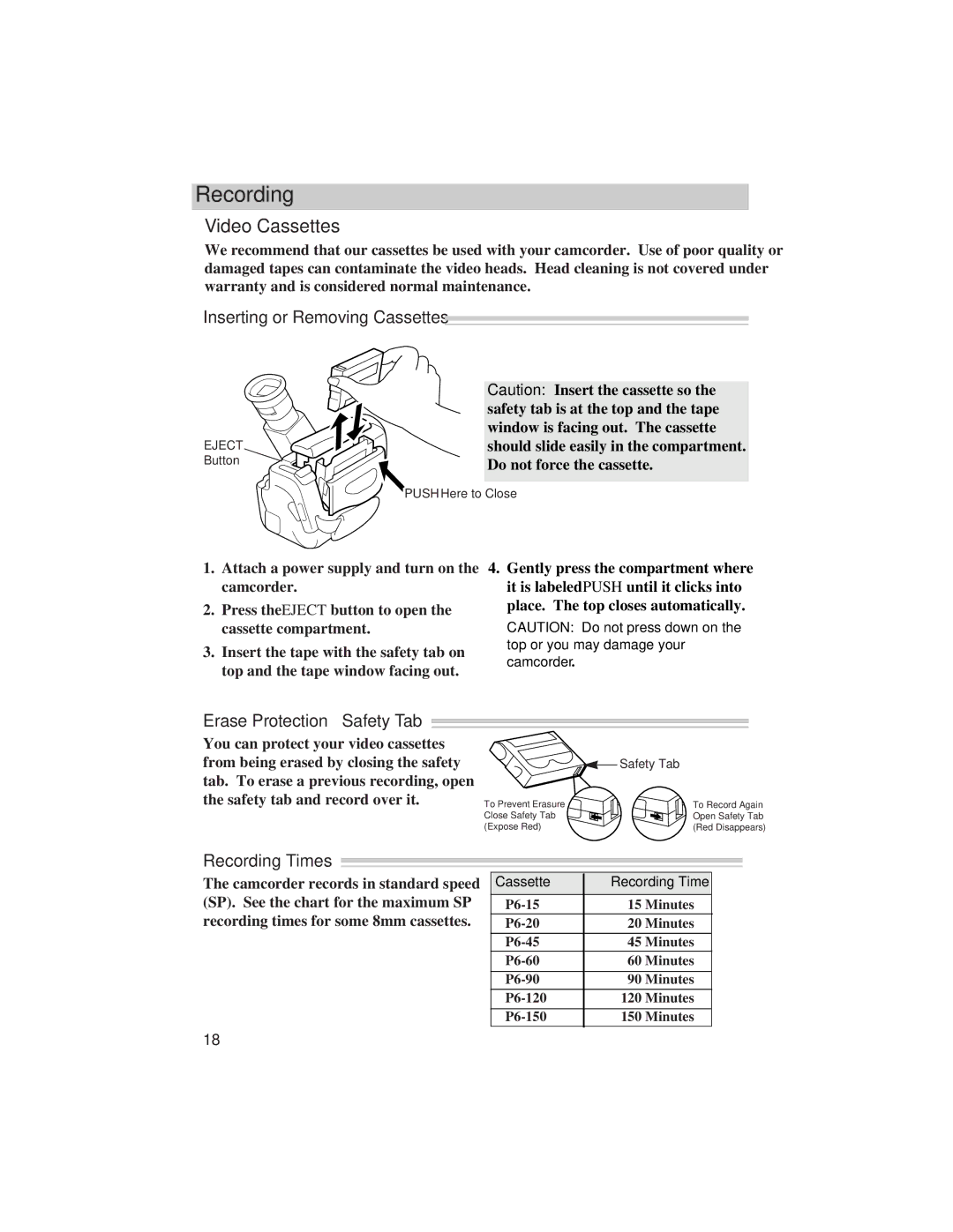 RCA Pro847, Pro848 manual Video Cassettes, Inserting or Removing Cassettes, Erase Protection Safety Tab, Recording Times 
