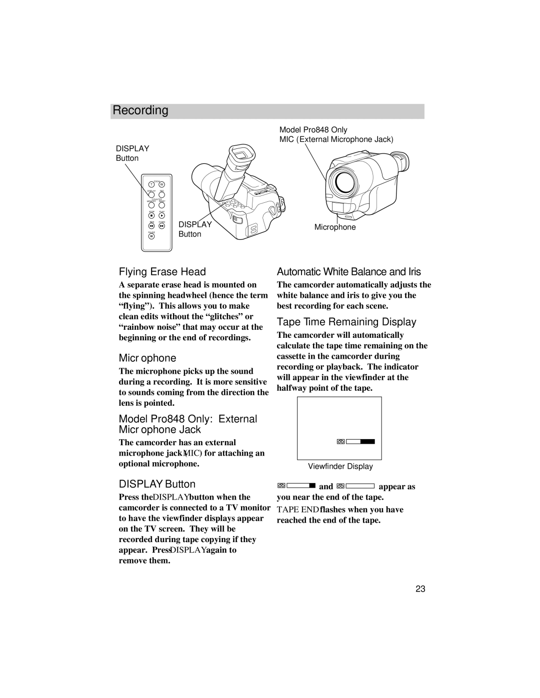 RCA Pro842, Pro847 Flying Erase Head, Model Pro848 Only External Microphone Jack, Automatic White Balance and Iris 