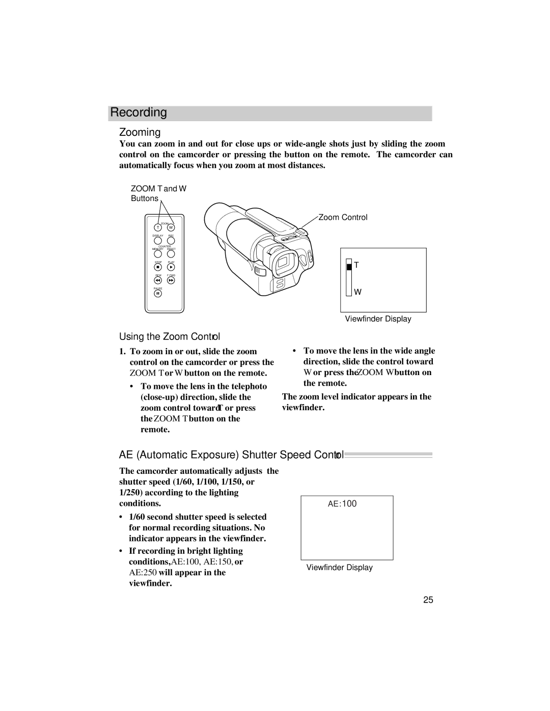 RCA Pro848, Pro842, Pro847 manual Zooming, AE Automatic Exposure Shutter Speed Control, Using the Zoom Control 